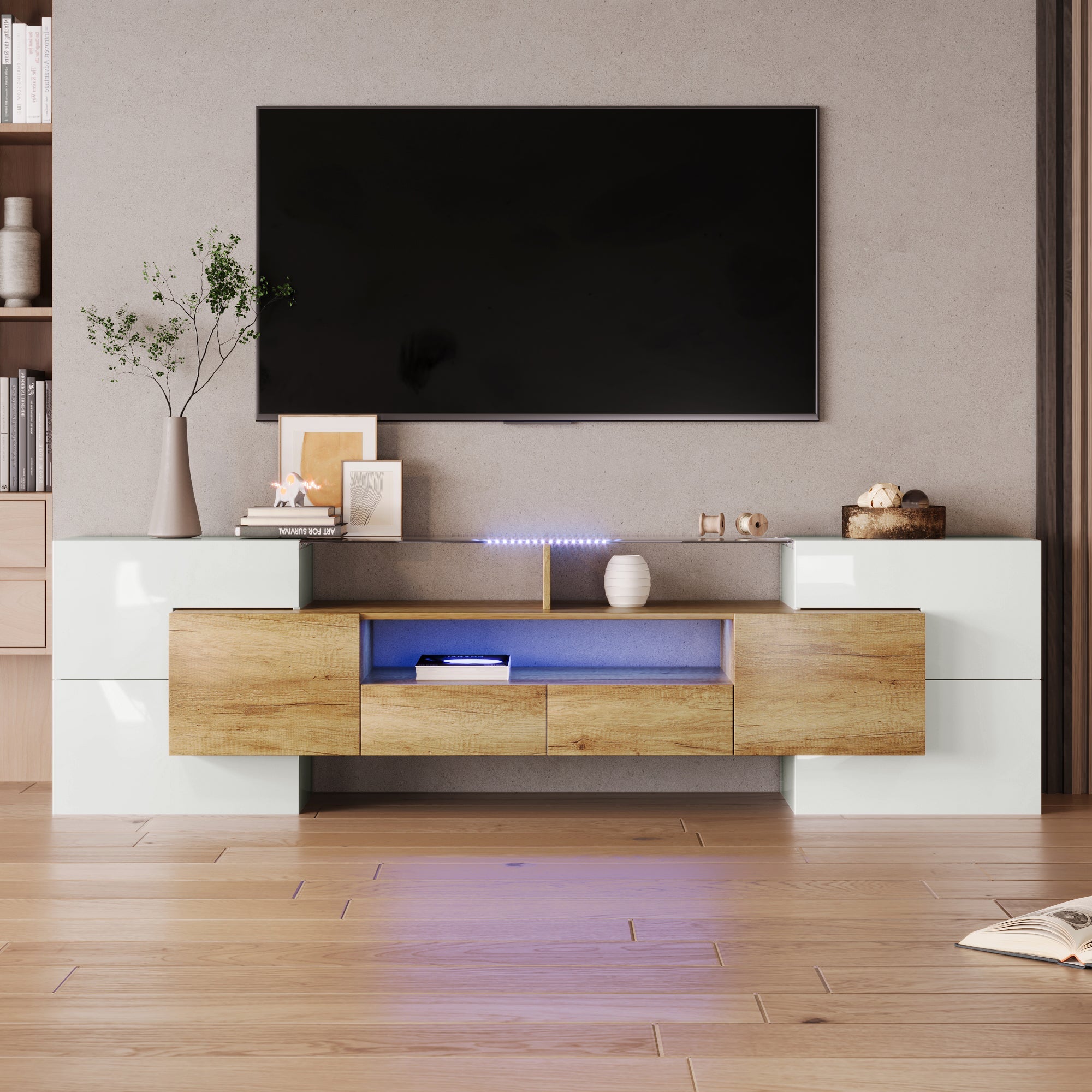 Stylish TV Cabinet Lowboard, 200cm LED Lighting Modern Design - High-Gloss White
