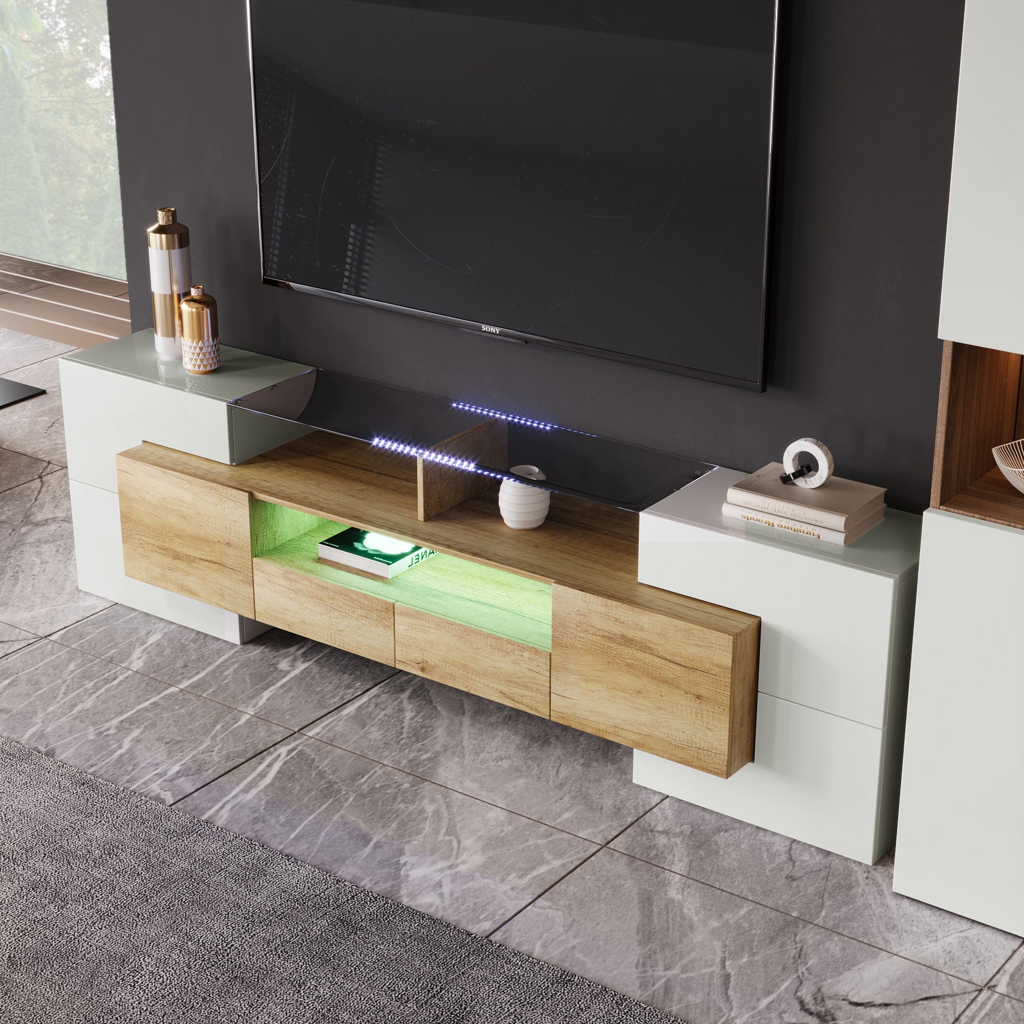 TV Cabinet, 200 cm LED Lighting, High-Gloss White