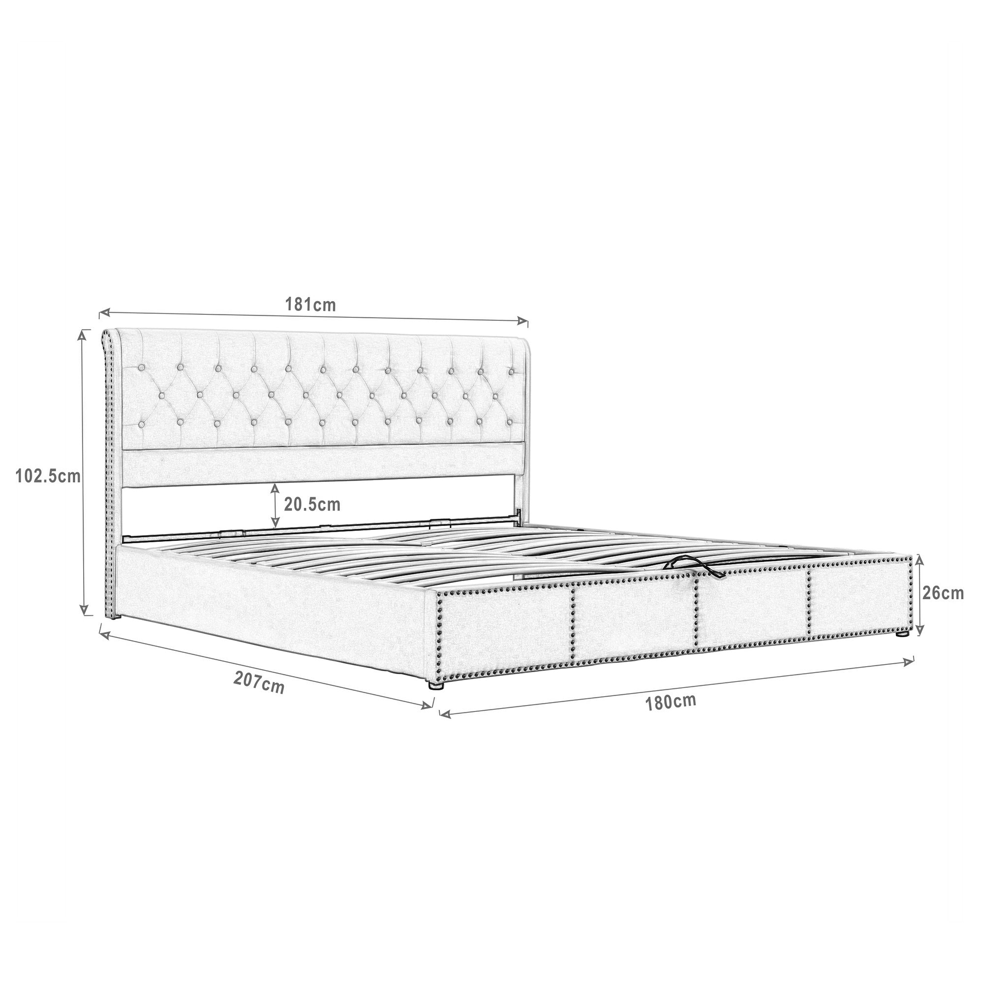 Upholstered Bed with Hydraulic Storage and Studded Decoration, 180x200cm, Grey Velvet