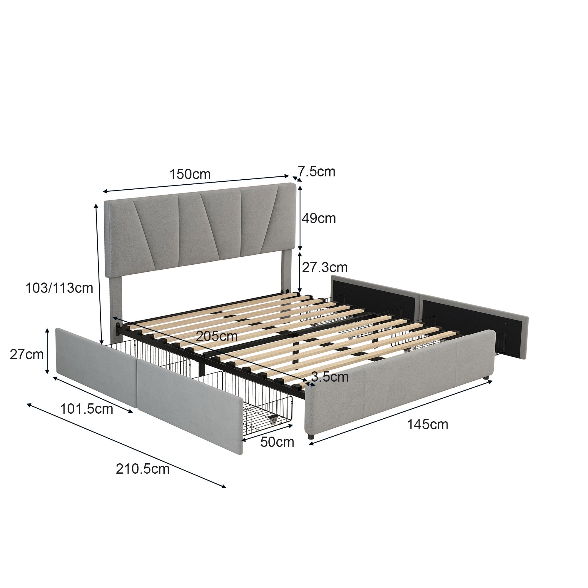 Upholstered Platform Bed Double Size 140x200cm 4 Drawers Adjustable Headboard Grey