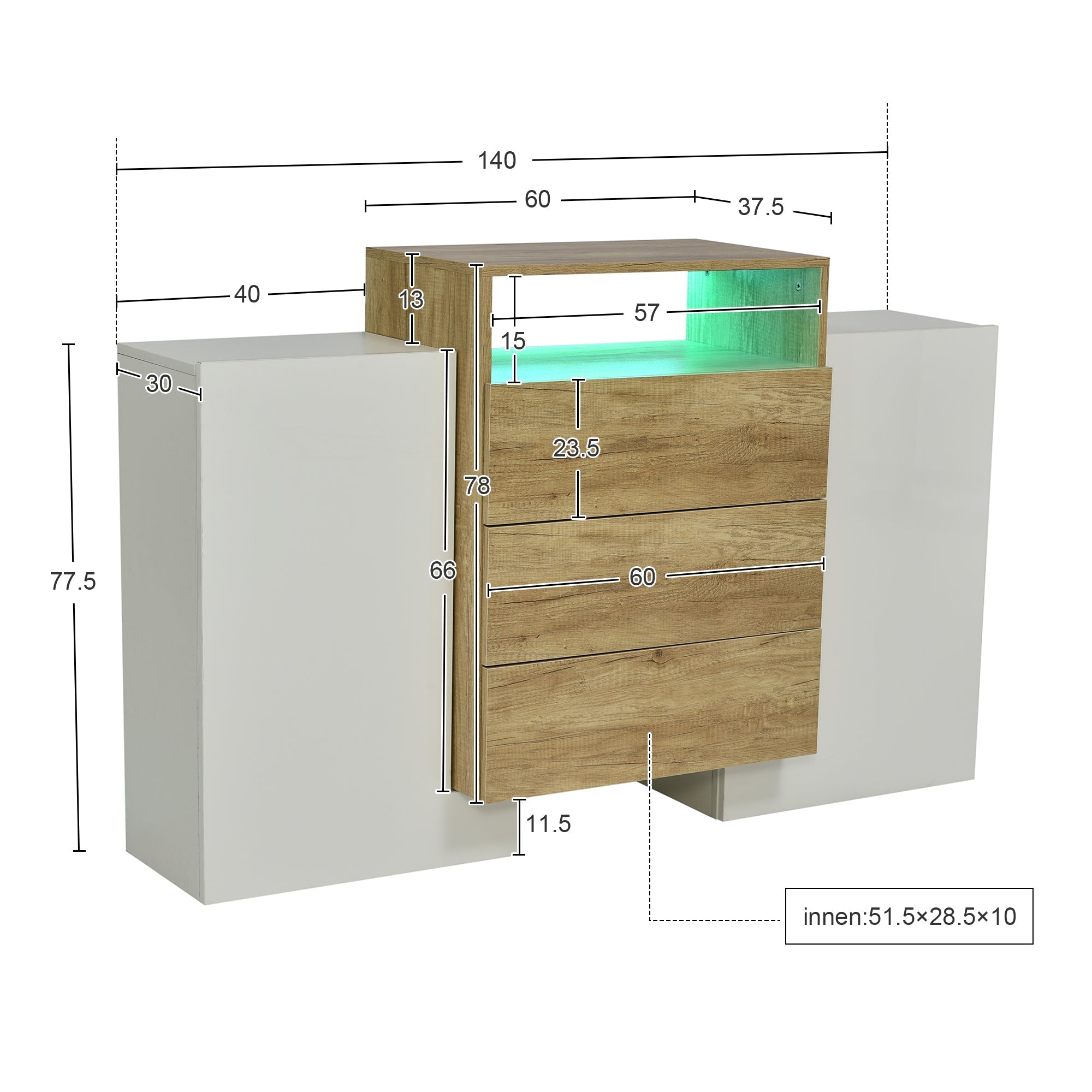 Sideboard, 140cm Modern Chest of Drawers with LED, High-Gloss White & Wood