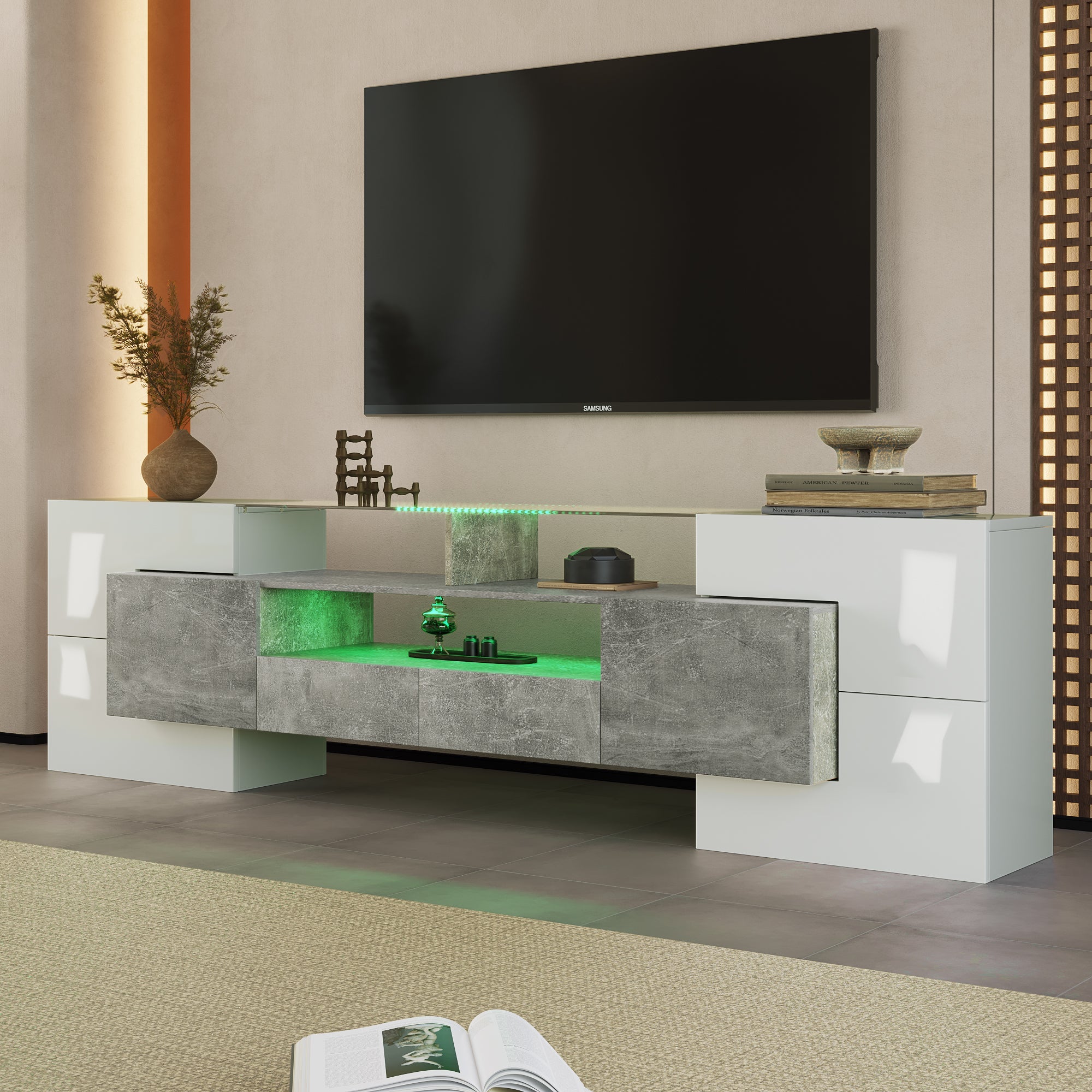 TV Cabinet, 200cm LED Lighting, High-Gloss White