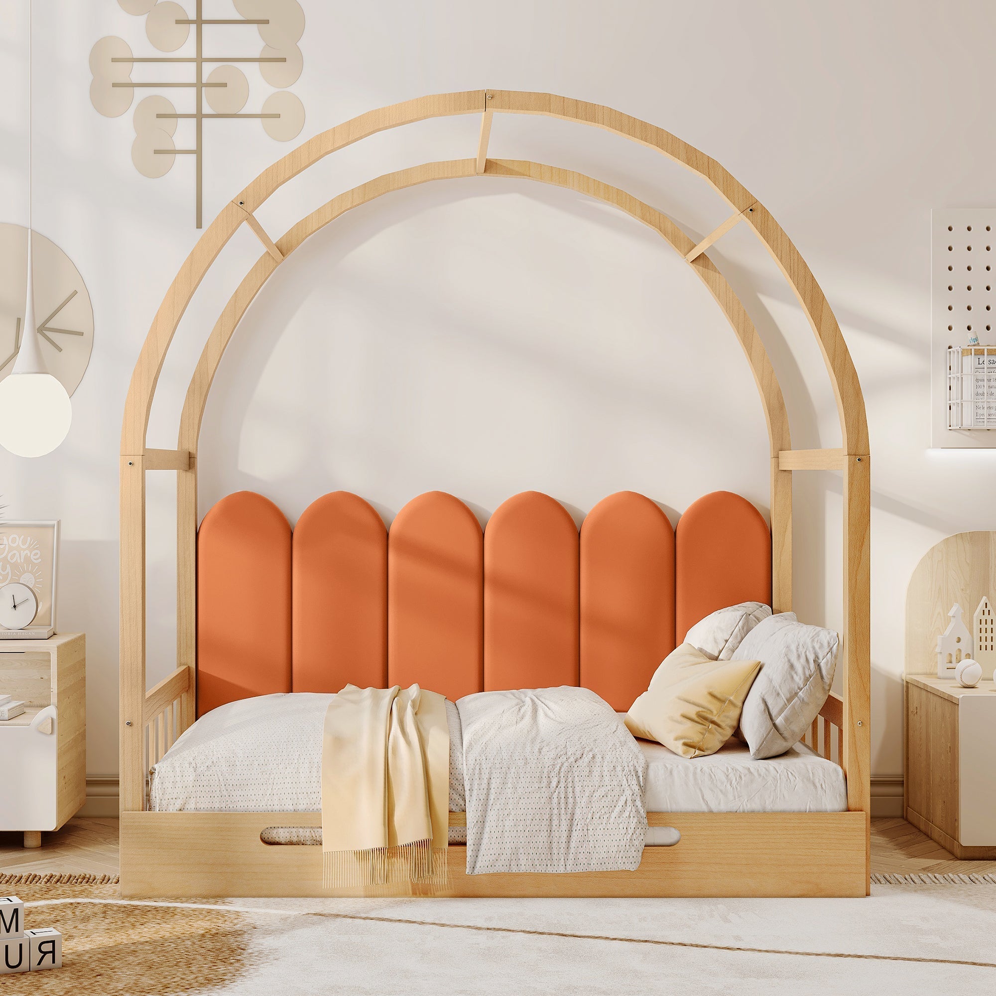 Loft Bed, Expandable Vaulted Trundle Day Double with Velvet Cushions, Pinewood Frame Natural & Orange