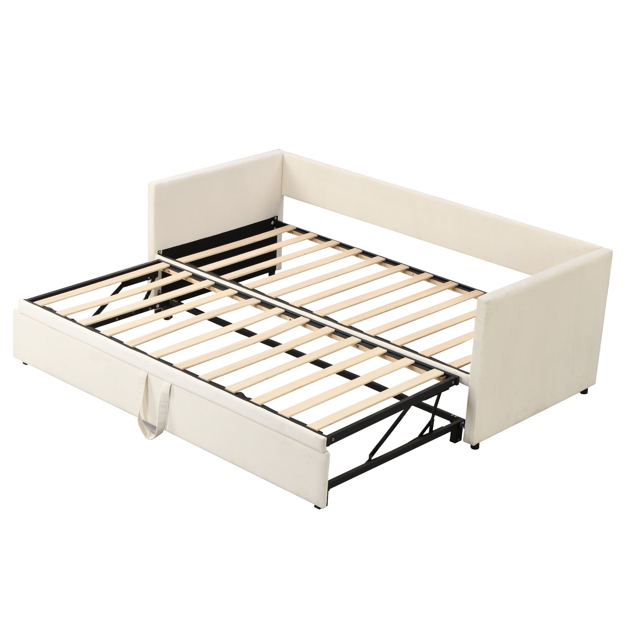 Upholstered Bed, Pull-Out Sofa Bed 90/180*200cm with Slatted Frames, Skin-Friendly Velvet Fabric Beige