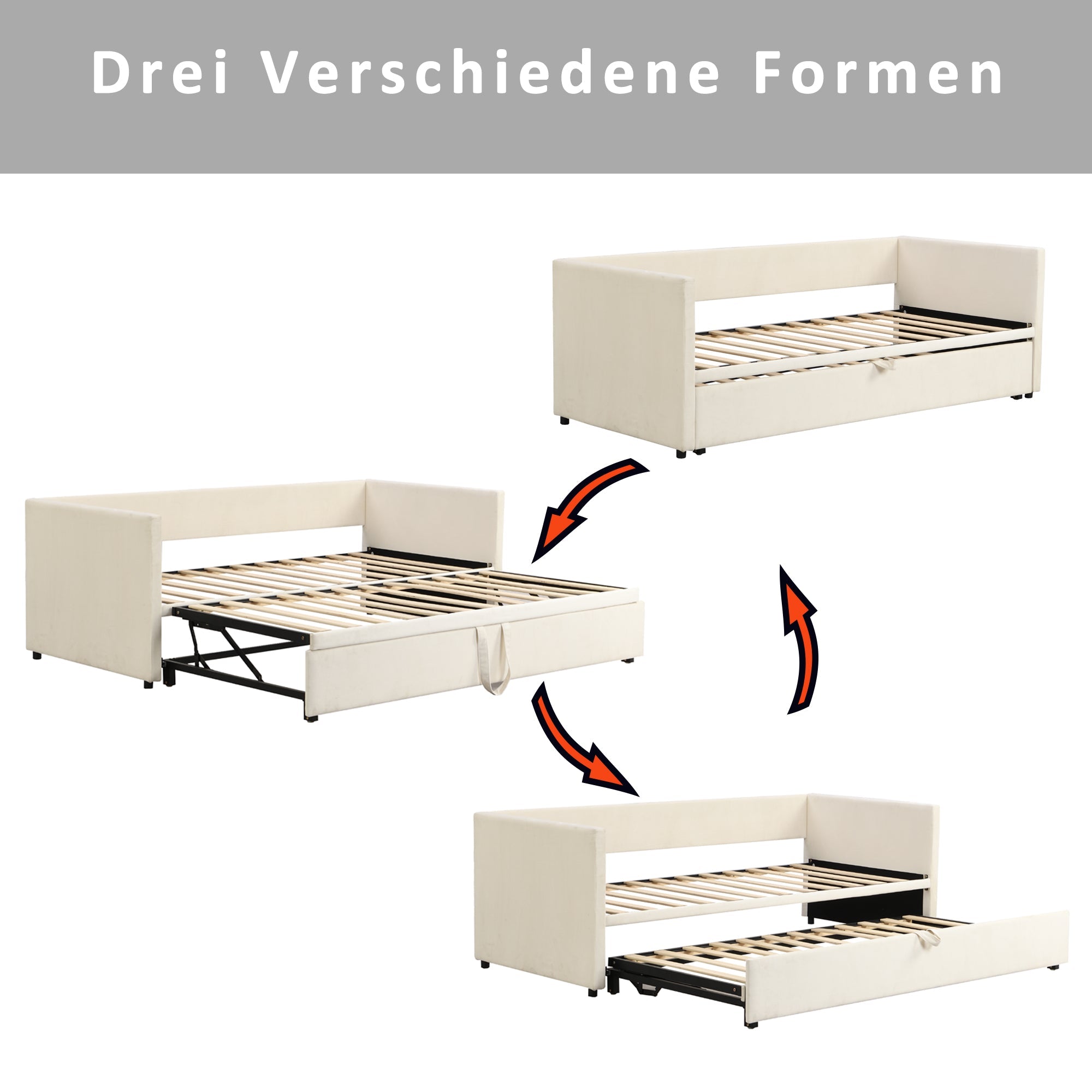 Upholstered Bed, Pull-Out Sofa Bed 90/180*200cm with Slatted Frames, Skin-Friendly Velvet Fabric Beige