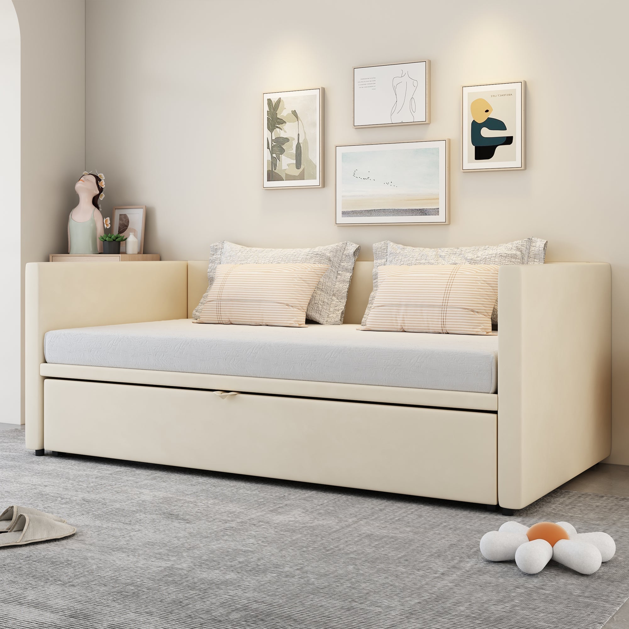 Upholstered Bed, Pull-Out Sofa Bed 90/180x200 cm, Velvet Fabric, Beige