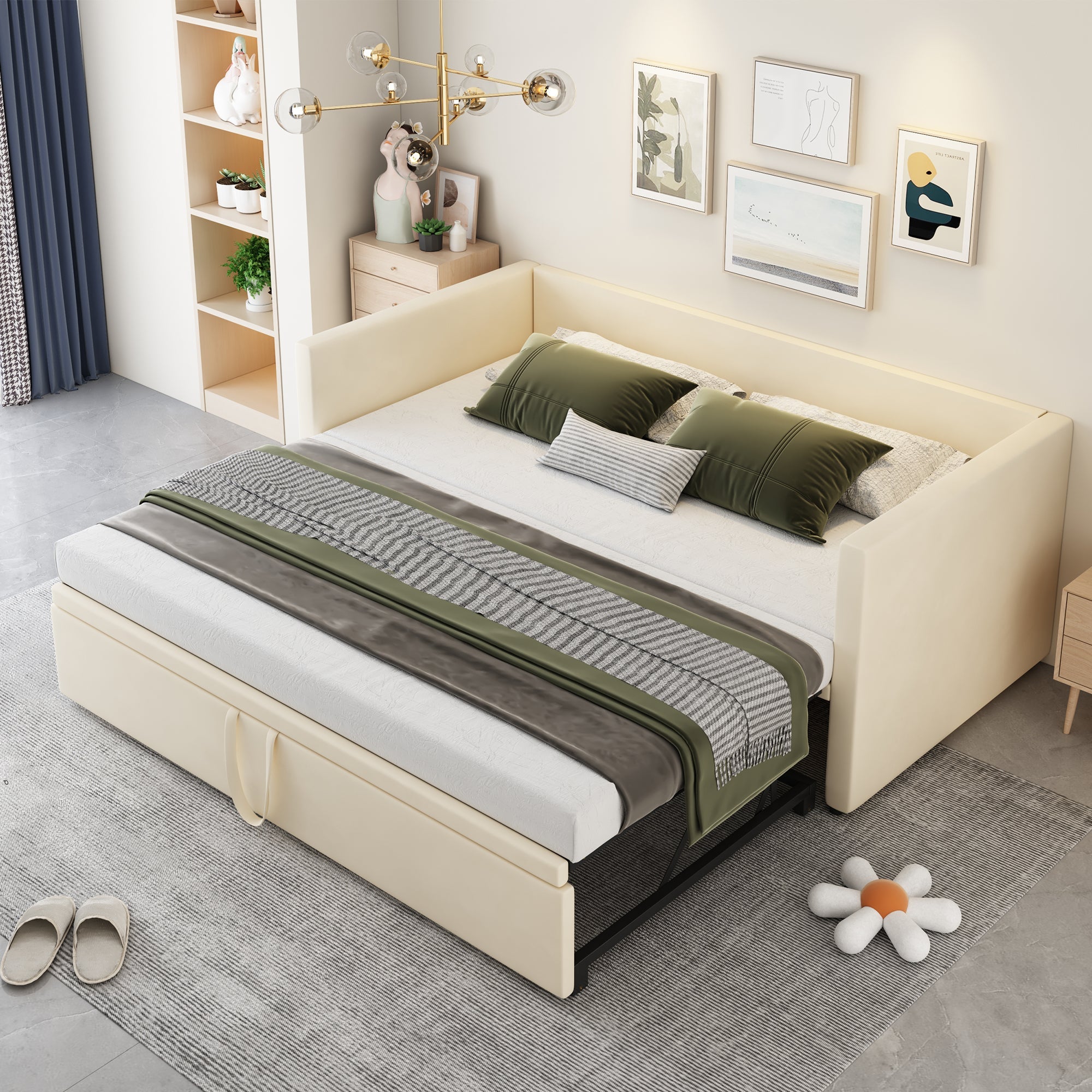 Upholstered Bed, Pull-Out Sofa Bed 90/180*200cm with Slatted Frames, Skin-Friendly Velvet Fabric Beige