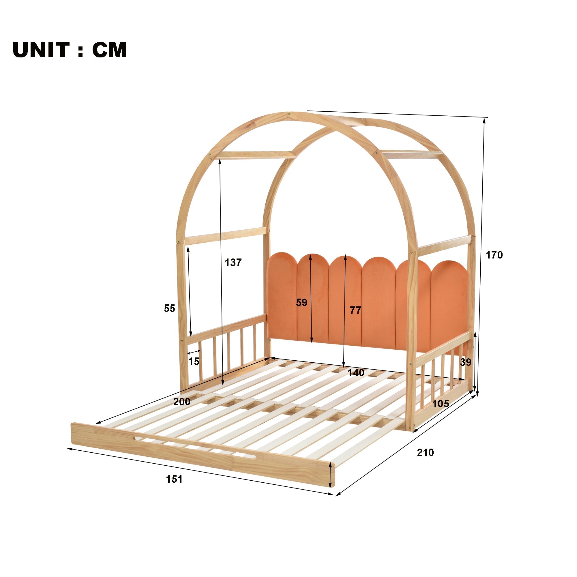 Loft Bed, Expandable Vaulted Sliding, Velvet Cushions, Pinewood Frame, Natural and Orange