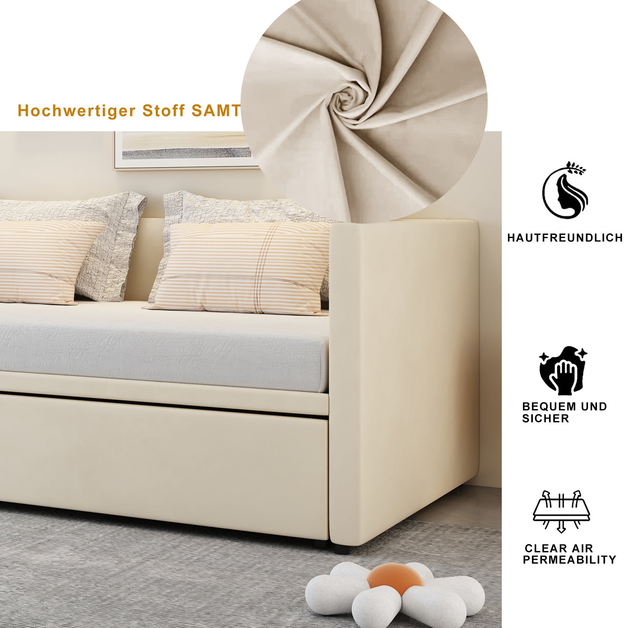 Upholstered Bed, Pull-Out Sofa Bed 90/180*200cm with Slatted Frames, Skin-Friendly Velvet Fabric Beige