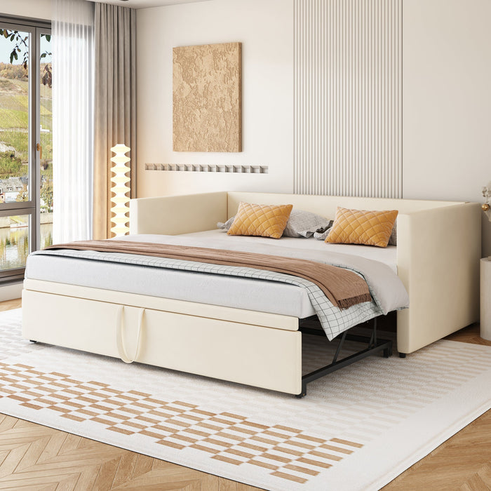 Upholstered Bed, Pull-Out Sofa Bed 90/180*200cm with Slatted Frames, Skin-Friendly Velvet Fabric Beige