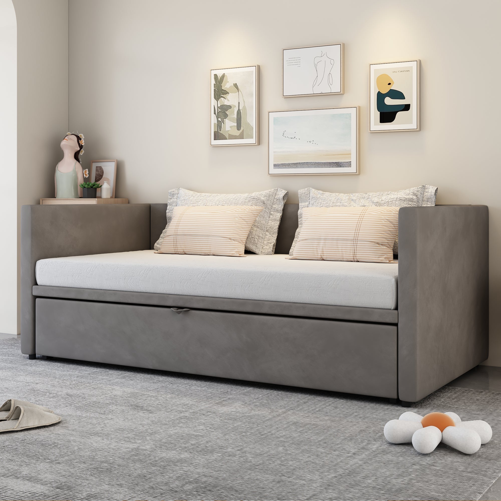 Upholstered Sofa Bed Extendable 90/180x200cm Multifunctional Slatted Frame Velvet Grey