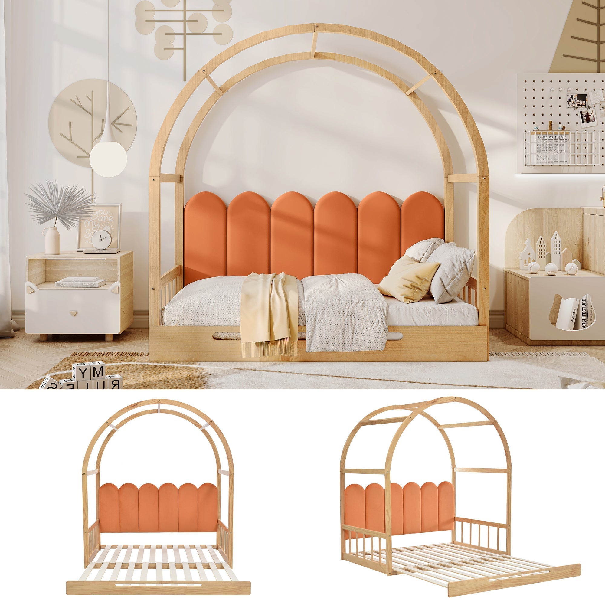 Loft Bed, Expandable Vaulted Trundle Day Double with Velvet Cushions, Pinewood Frame Natural & Orange