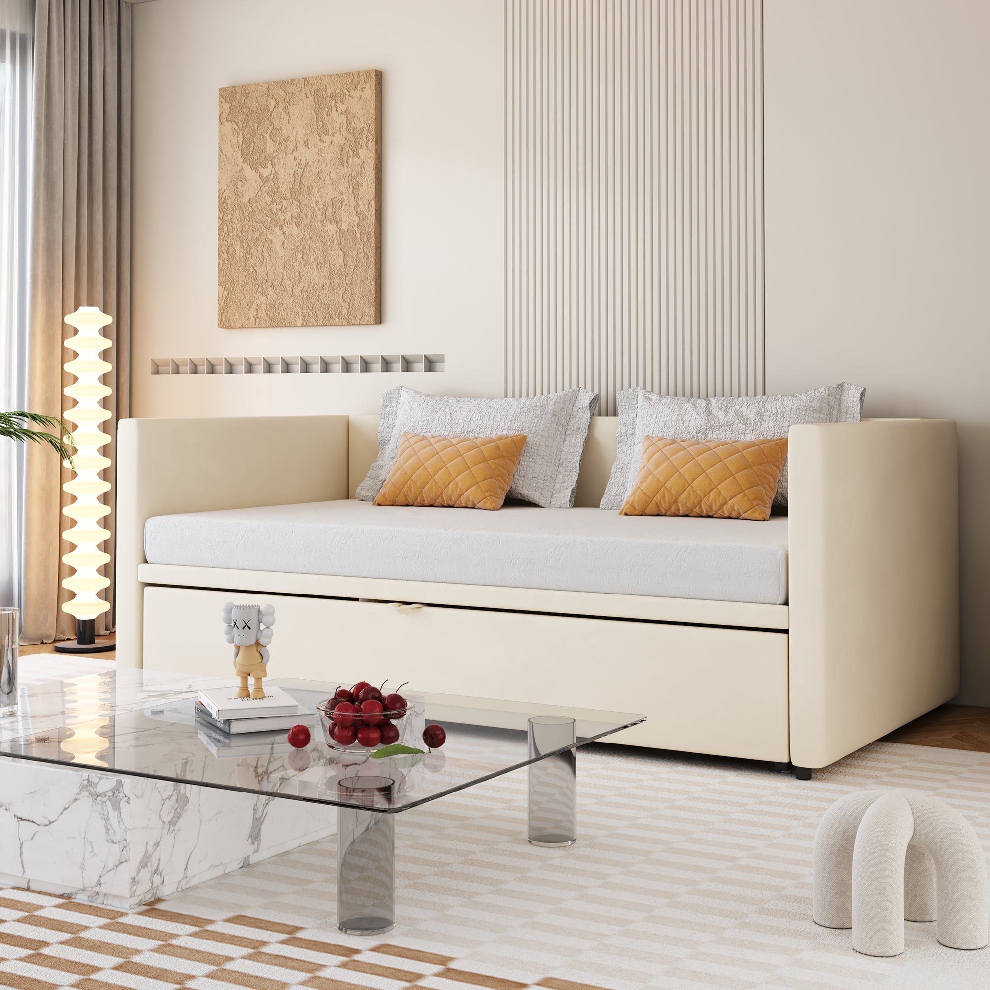 Upholstered Bed, Pull-Out Sofa Bed 90/180*200cm with Slatted Frames, Skin-Friendly Velvet Fabric Beige