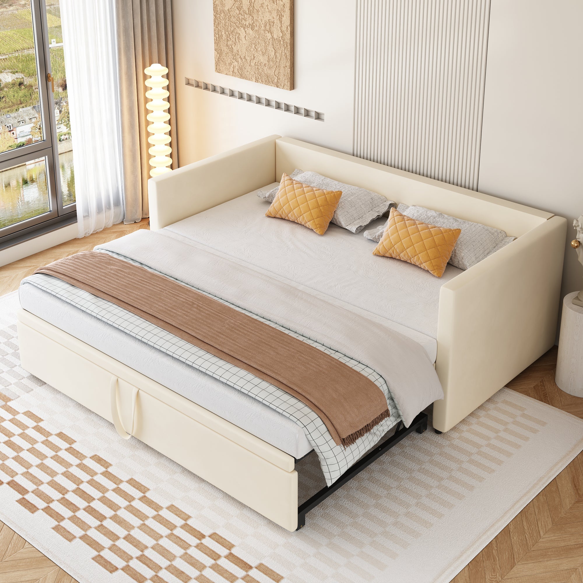 Upholstered Bed, Pull-Out Sofa Bed 90/180x200 cm, Velvet Fabric, Beige