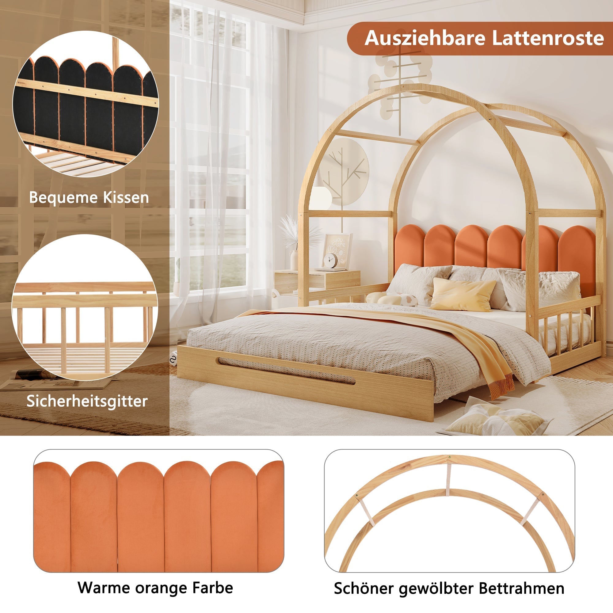 Loft Bed, Expandable Vaulted Trundle Day Double with Velvet Cushions, Pinewood Frame Natural & Orange