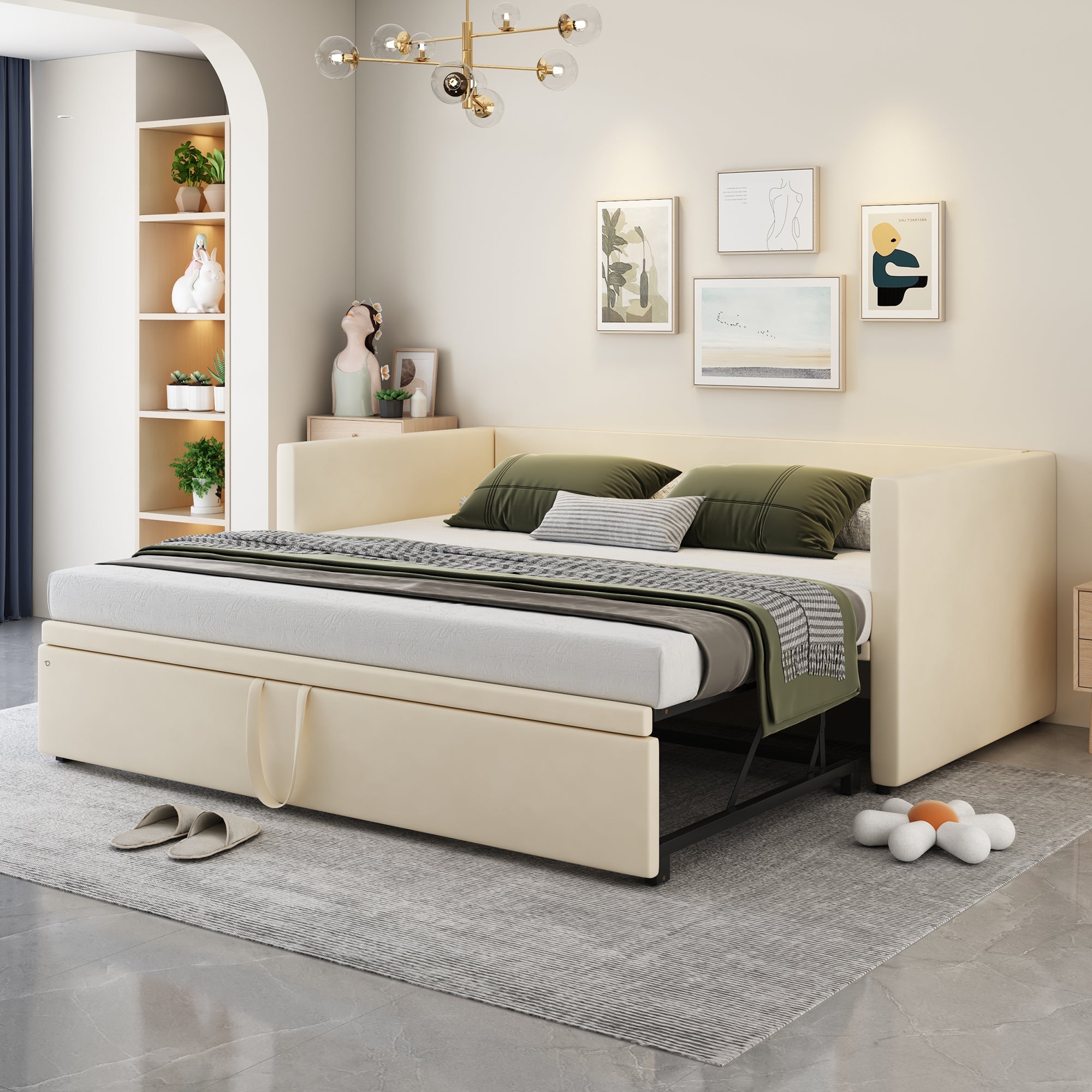 Upholstered Bed, Pull-Out Sofa Bed 90/180*200cm with Slatted Frames, Skin-Friendly Velvet Fabric Beige