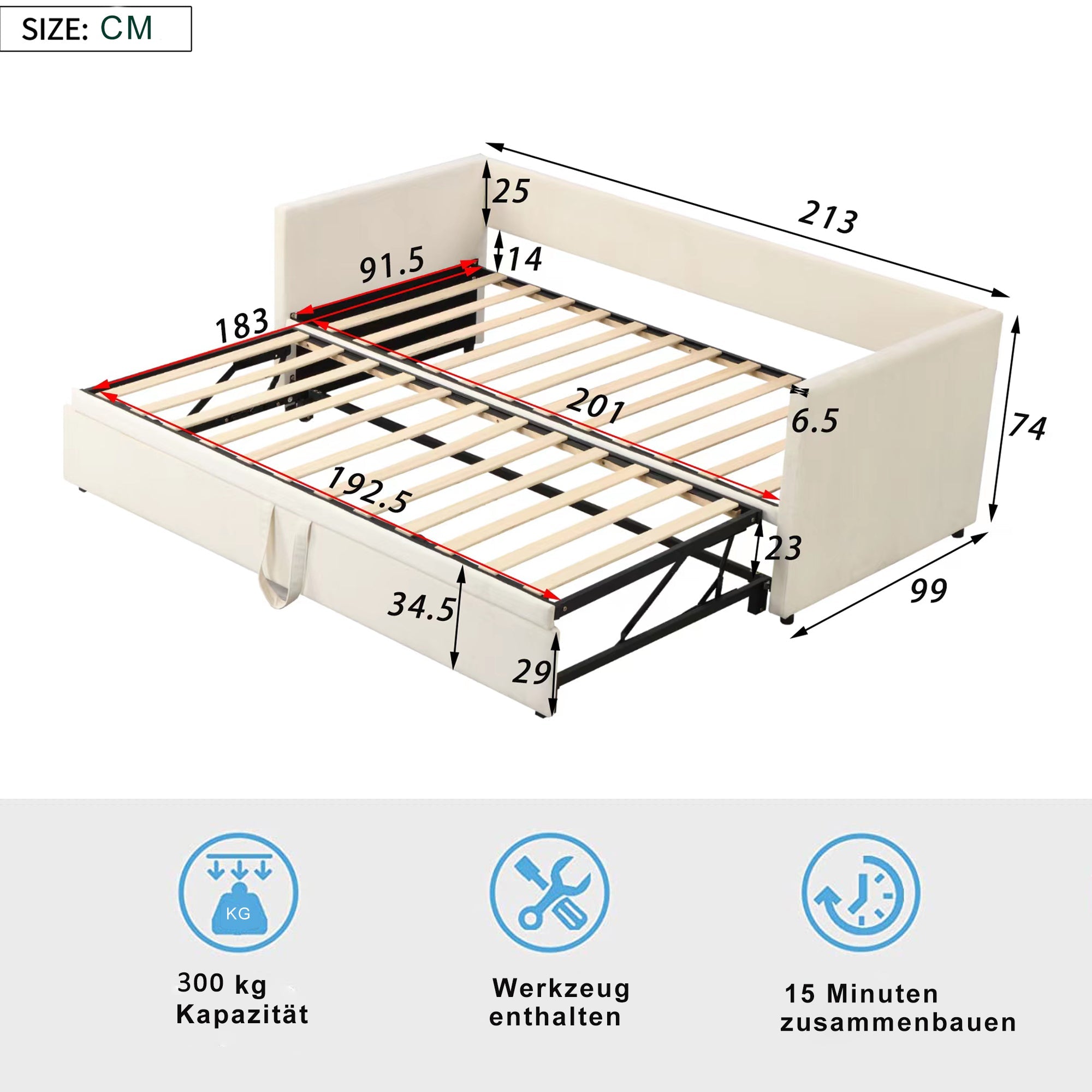 Upholstered Bed, Pull-Out Sofa Bed 90/180*200cm with Slatted Frames, Skin-Friendly Velvet Fabric Beige