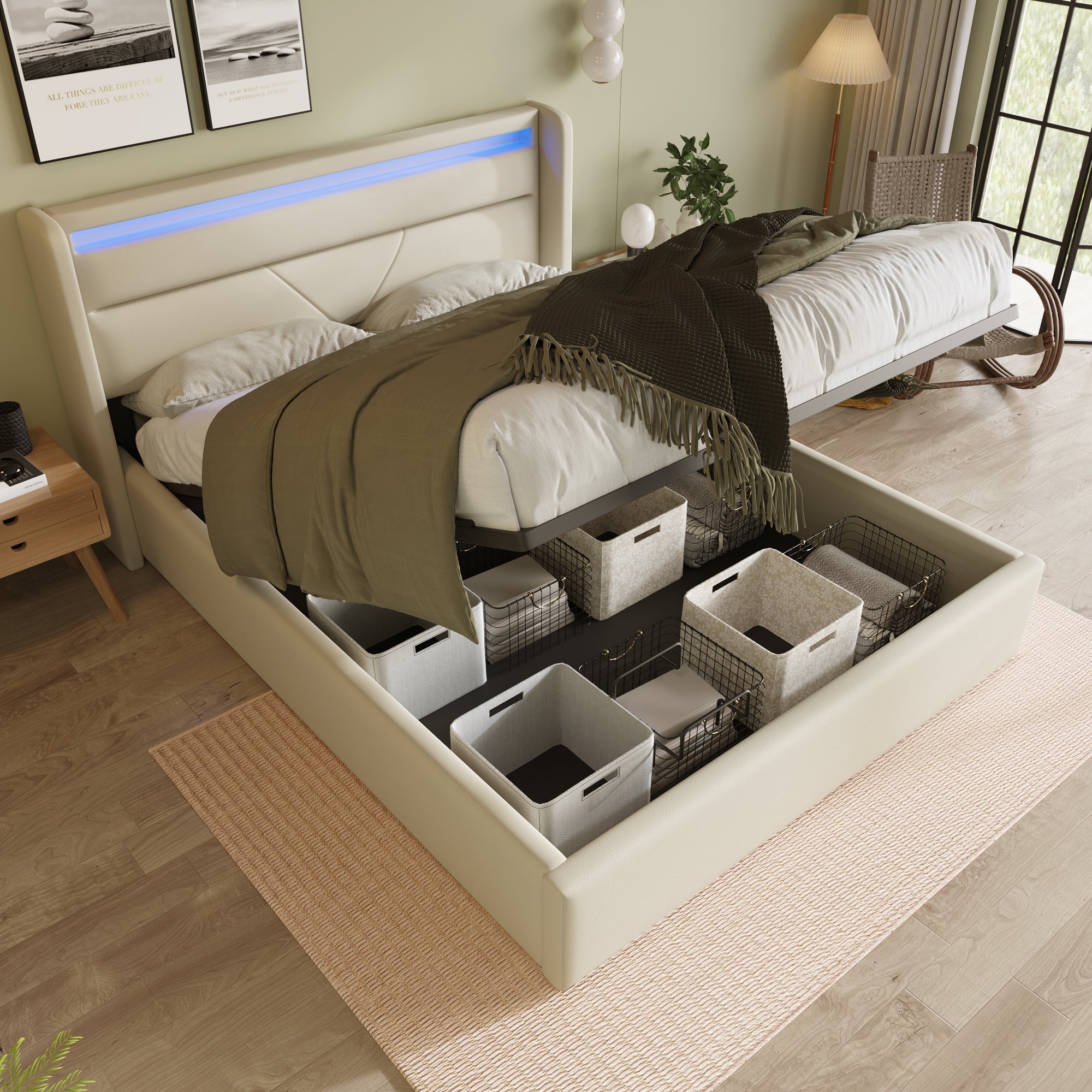 Hydraulic Storage Bed with LED Lighting and Remote Control, 160x200cm, White Upholstered