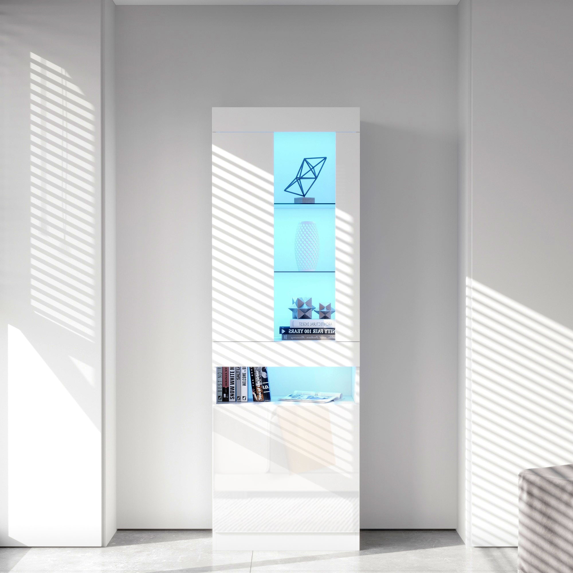 Display Cabinet, 16-Color LED, Freestanding Storage, White