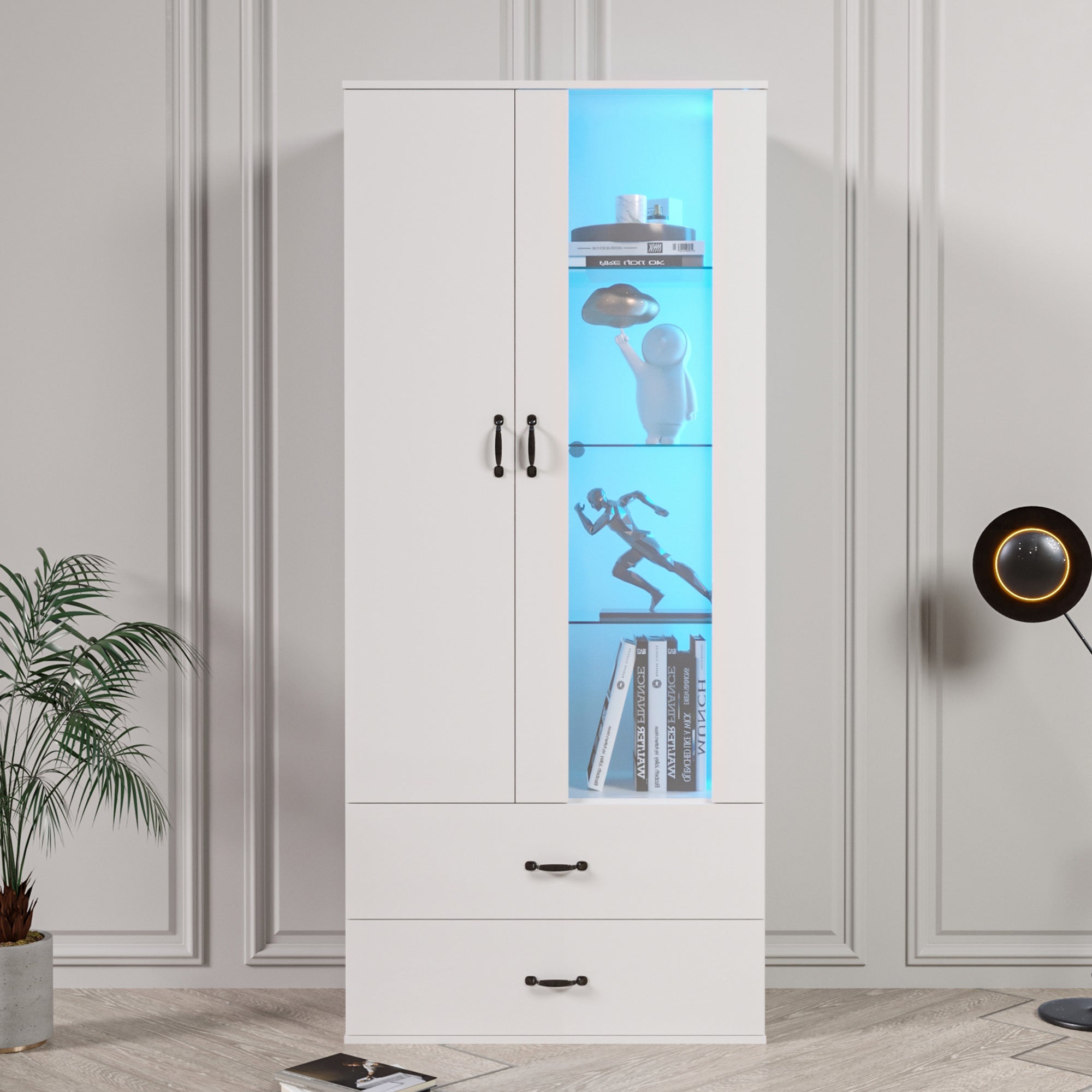 Display Cabinet, 16-Color LED Illuminated with 2 Transparent Doors, Freestanding, White
