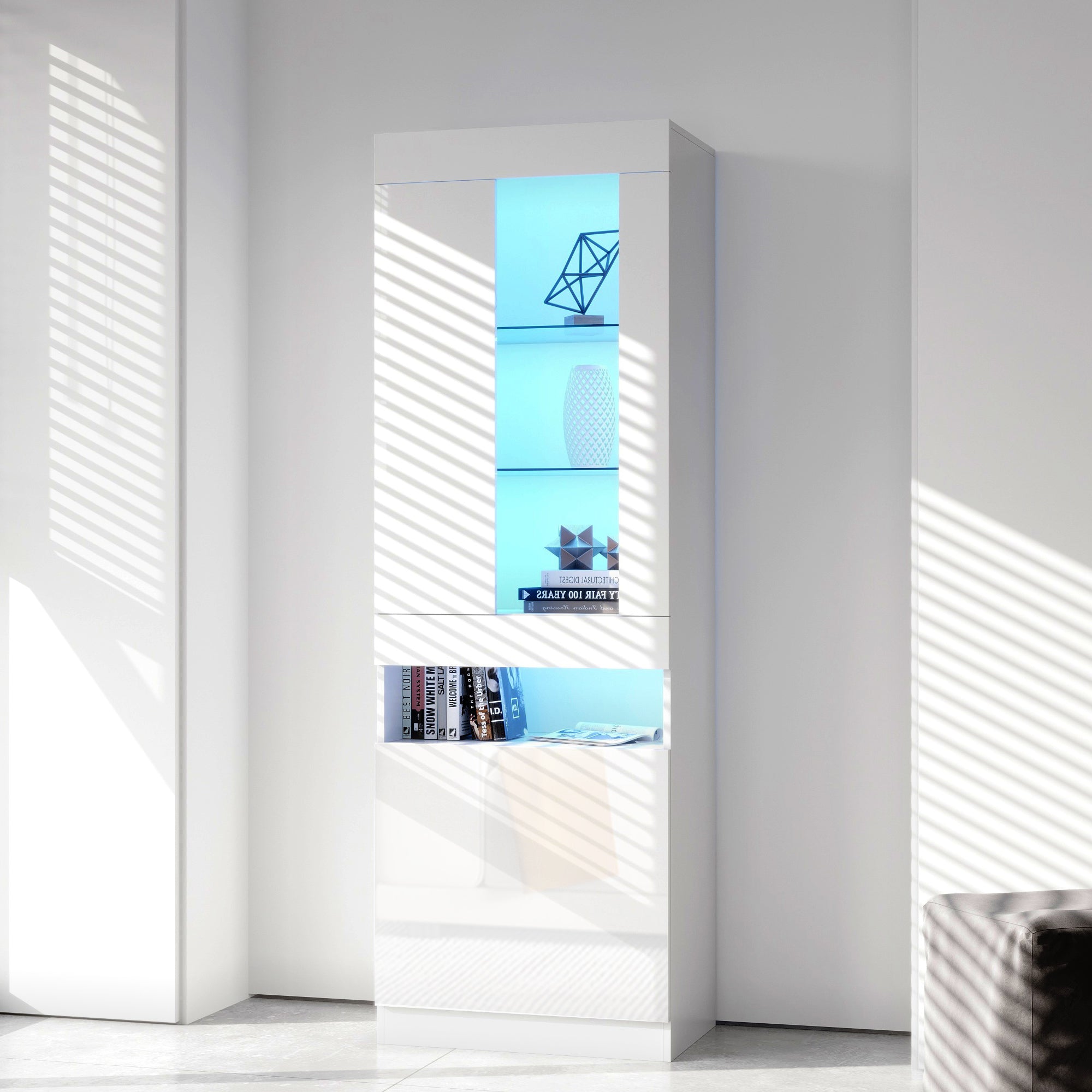 Display Cabinet, 16-Color LED, Freestanding Storage, White