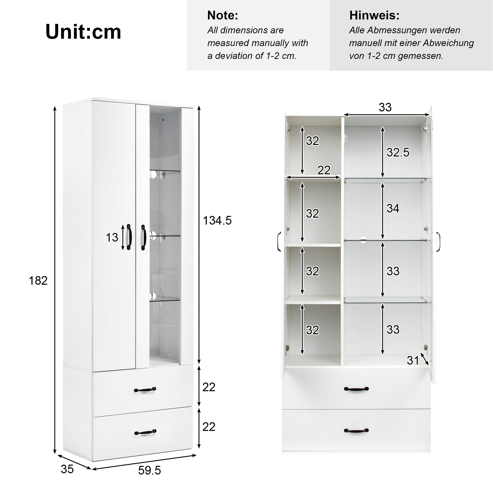 Display Cabinet, 16-Color LED Illuminated with 2 Transparent Doors, Freestanding, White