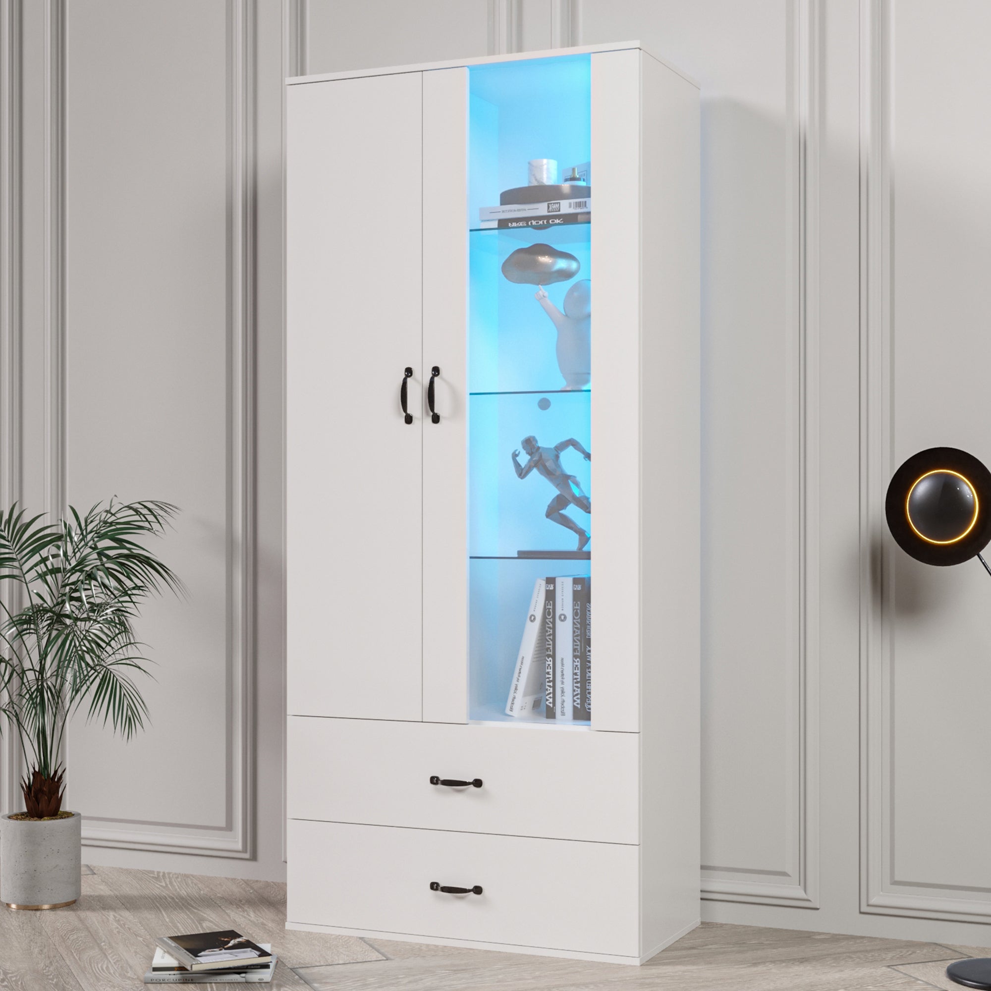 Display Cabinet, 16-Color LED Illuminated with 2 Transparent Doors, Freestanding, White