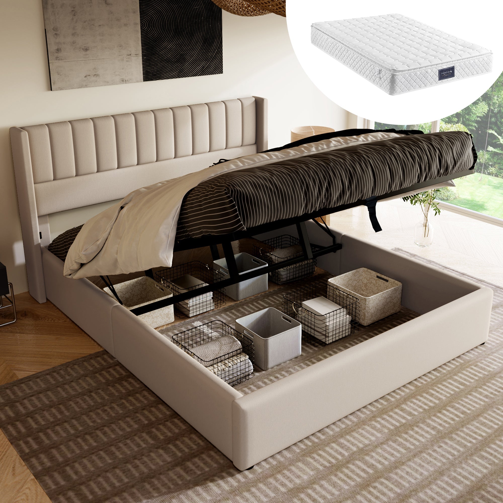 Storage Bed, Hydraulic Double 160x200cm, Wooden Slatted, Beige Linen
