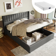 Storage Bed, Hydraulic Double 160x200cm Wooden & Metal Slatted Frame, Linen Grey