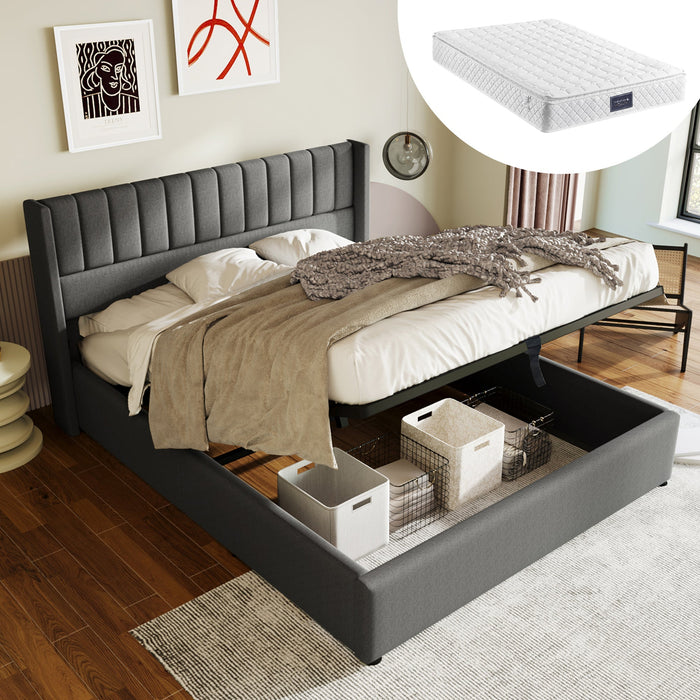Storage Bed, Hydraulic Double 140x200cm with Wooden & Metal Slats, Linen Grey