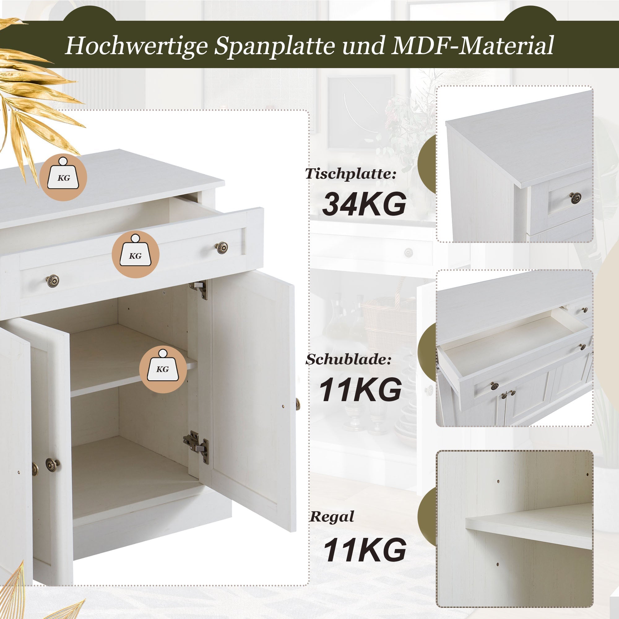 Sideboard, Modern Buffet with 4 Doors & 2 Drawers, 150x40x86cm, Antique White