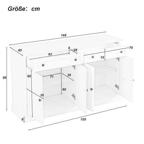Sideboard, 4 Doors 2 Drawers, Modern Buffet, Antique White + Natural Wood