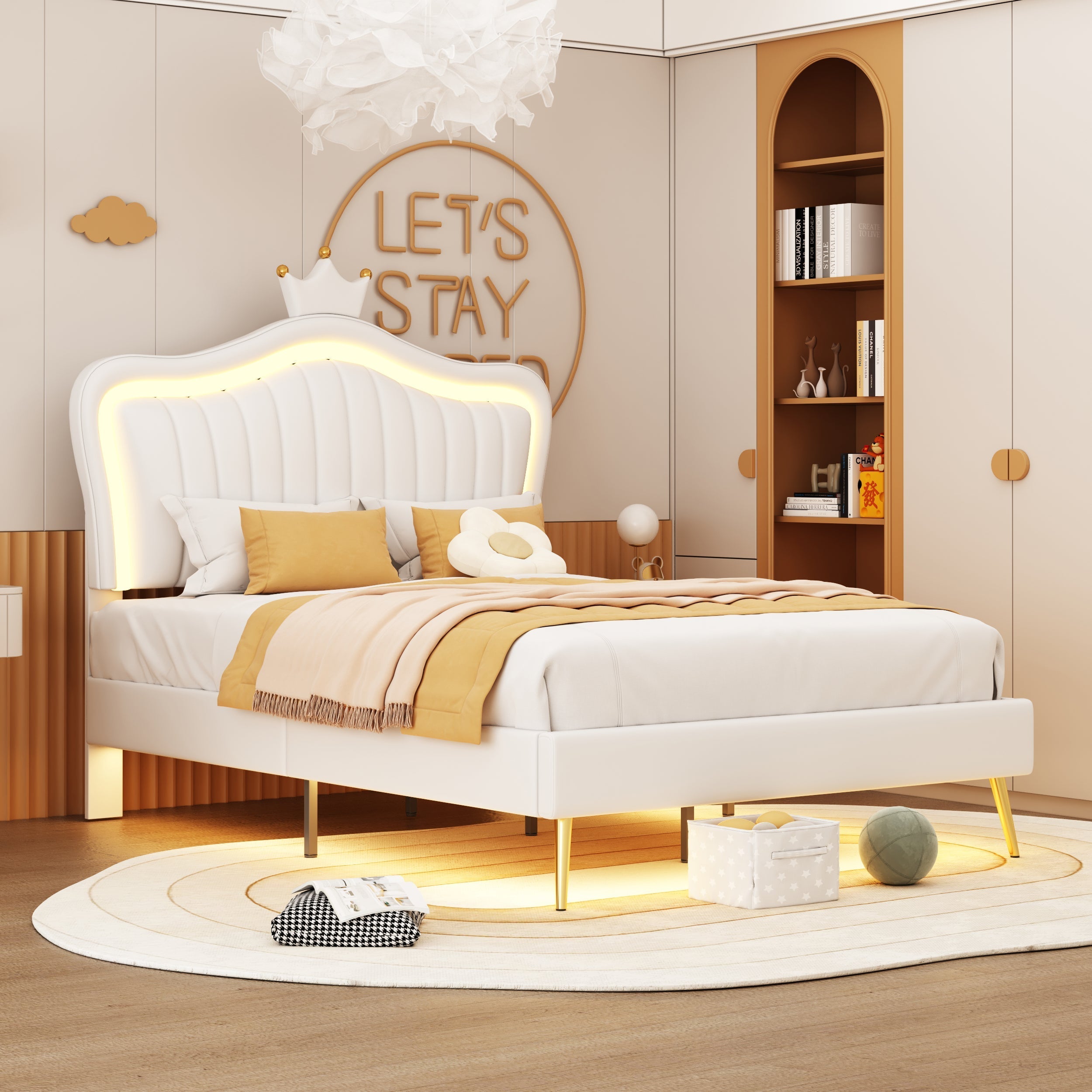 Children's Bed Upholstered, 90x200cm Crown Double Bed Frame with LED Lights, White PU Leather