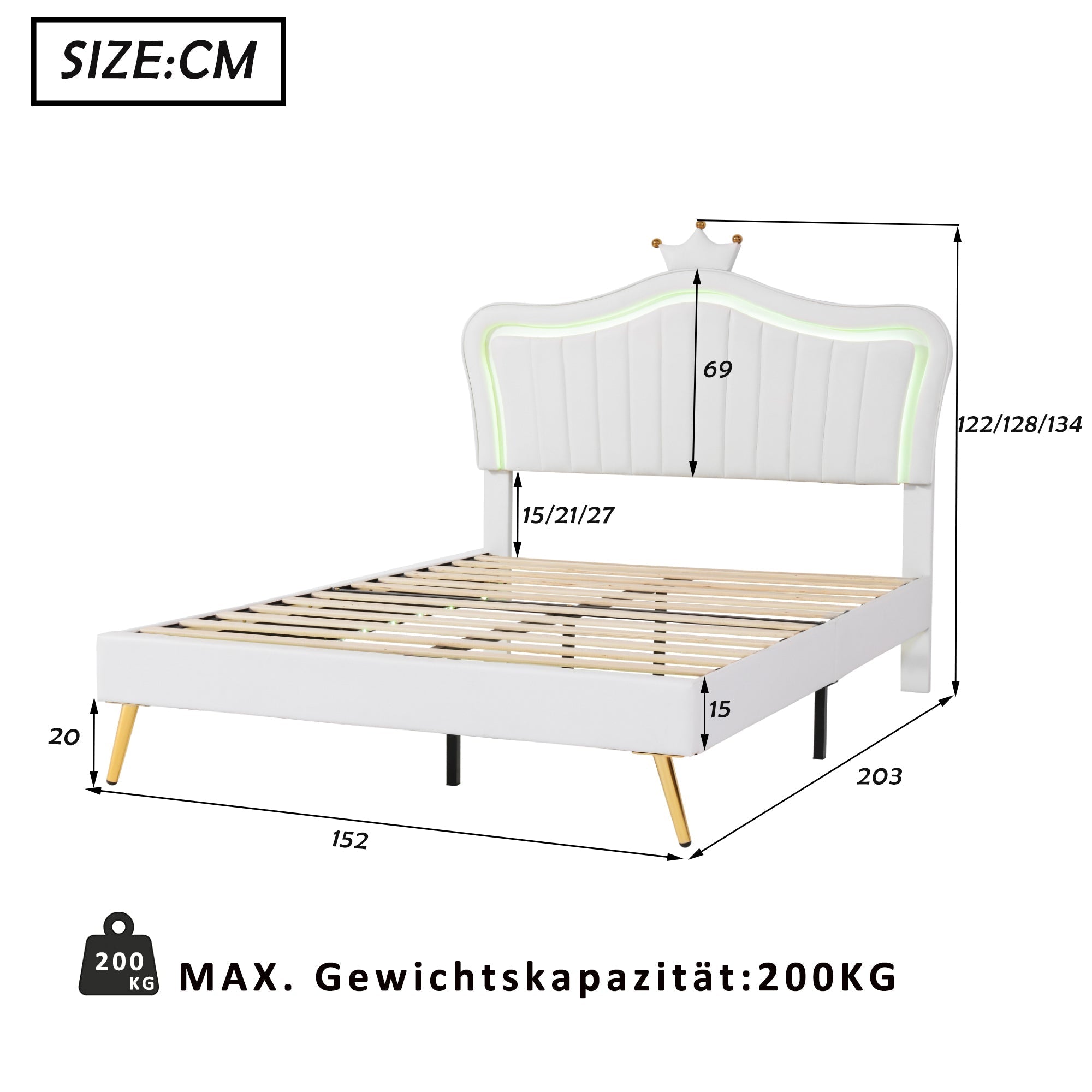 Children's Bed Upholstered, 140x200cm Crown Double with LED Lights, White PU Leather