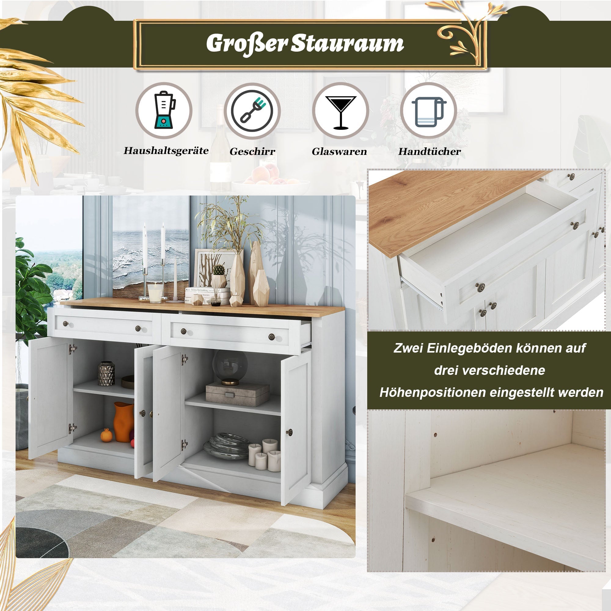 Sideboard, 4 Doors 2 Drawers, Modern Buffet, Antique White + Natural Wood