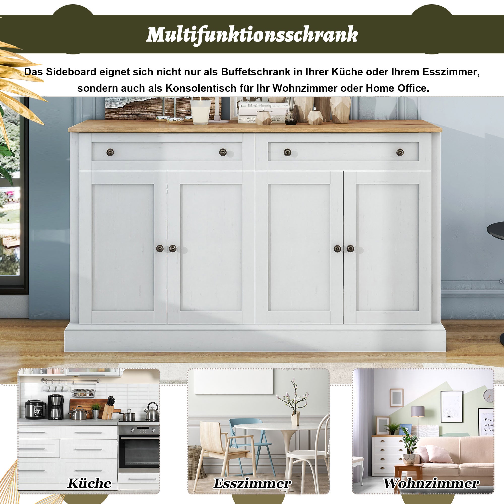 Sideboard, 4 Doors 2 Drawers, Modern Buffet, Antique White + Natural Wood