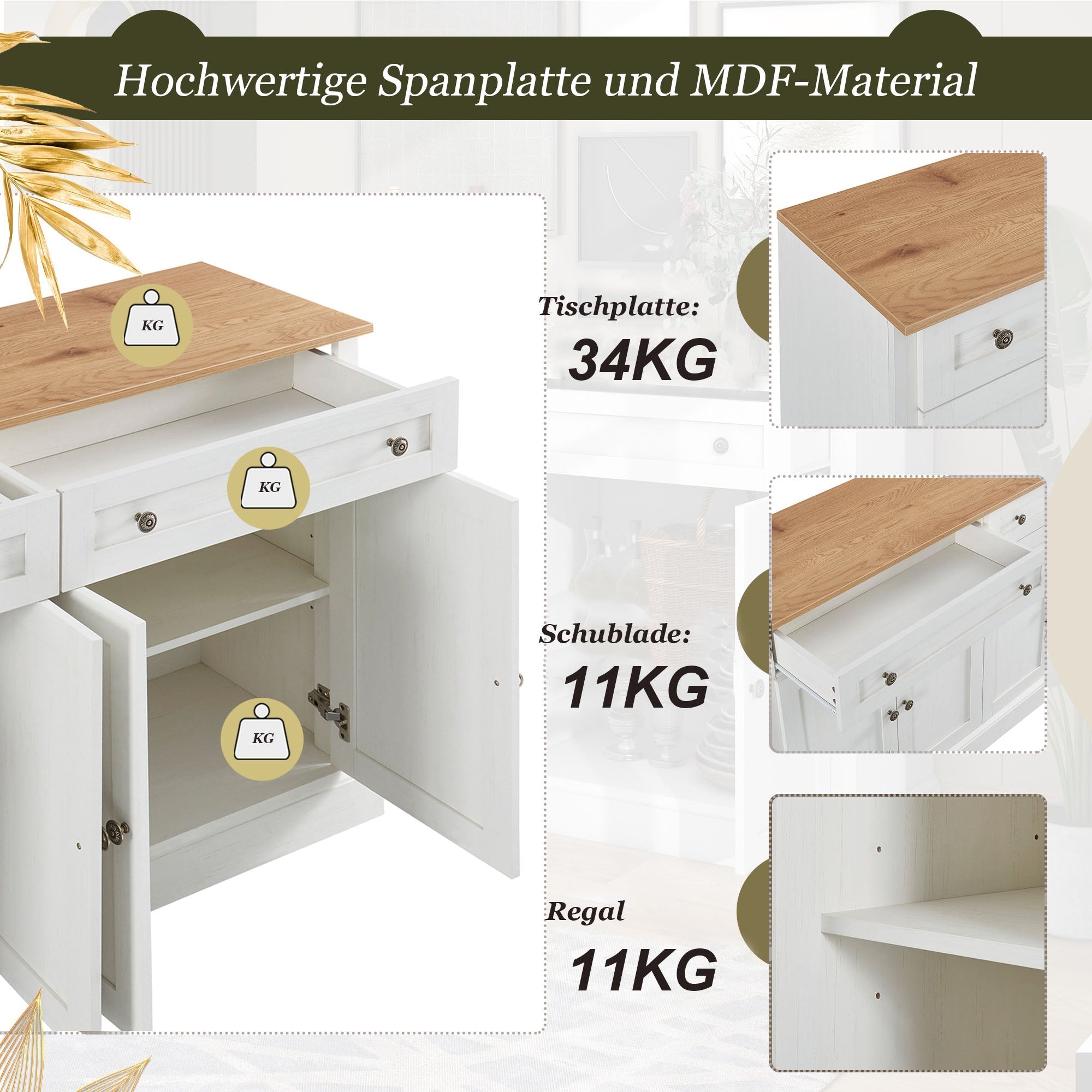 Sideboard, 4 Doors 2 Drawers, Modern Buffet, Antique White + Natural Wood