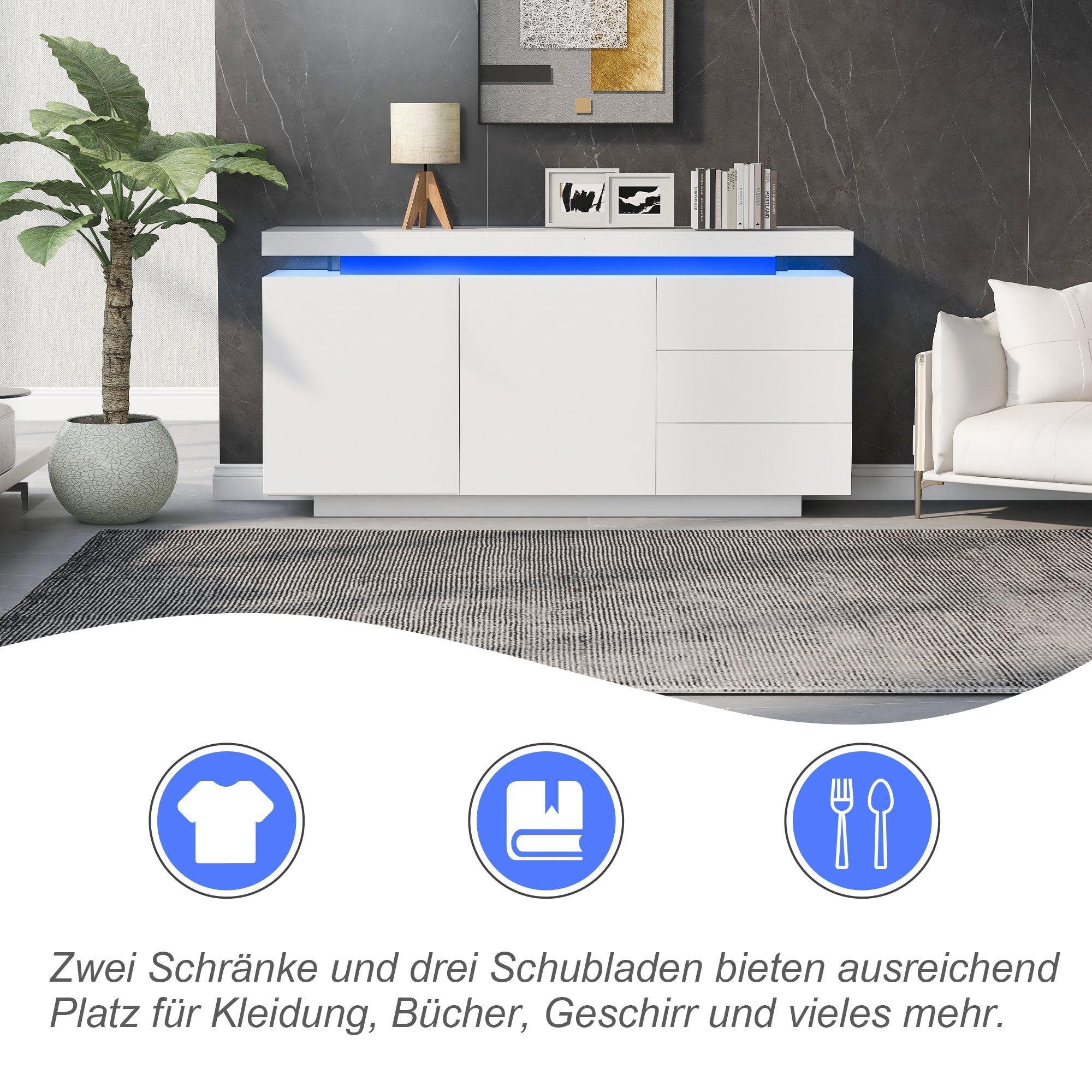 Sideboard Cabinet Modern Living Room with LED Light, 2 Doors 3 Drawers, High Gloss White