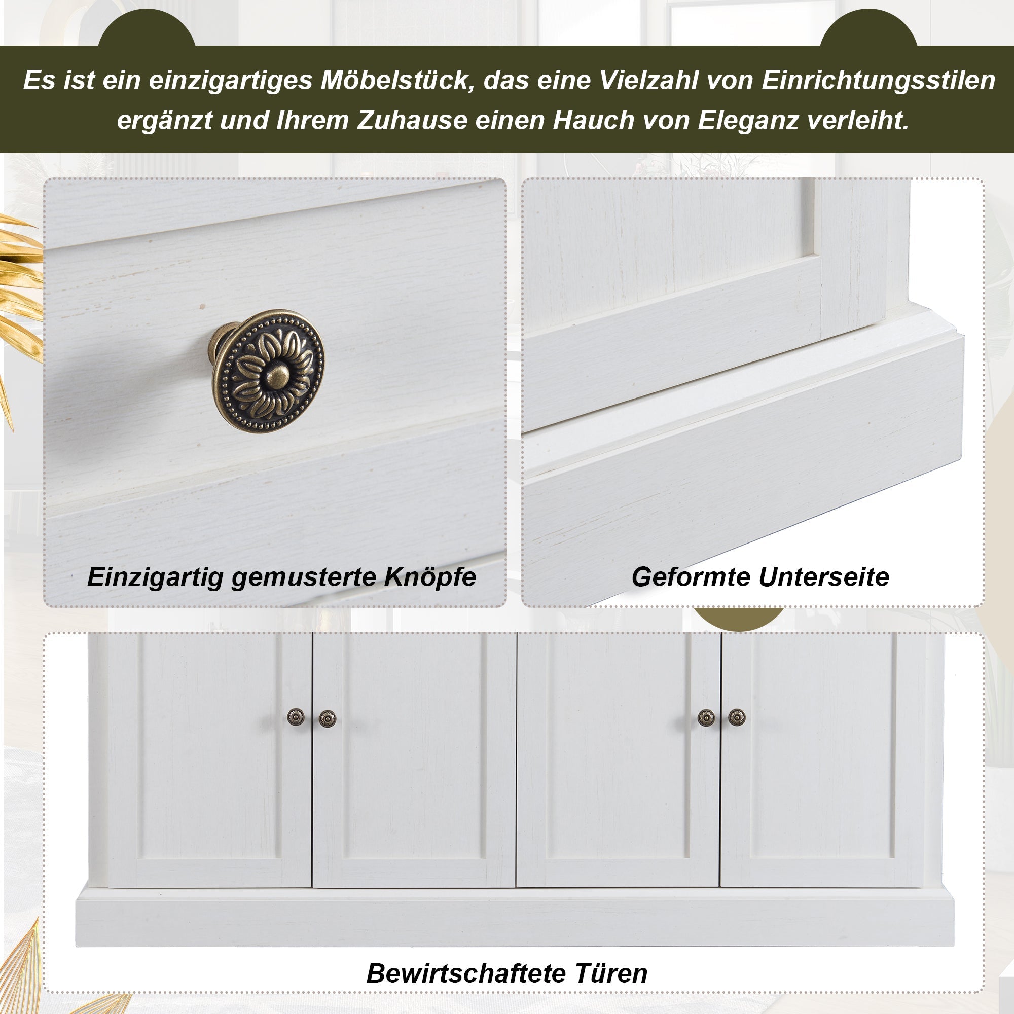 Sideboard, 4 Doors 2 Drawers, Modern Buffet, Antique White + Natural Wood