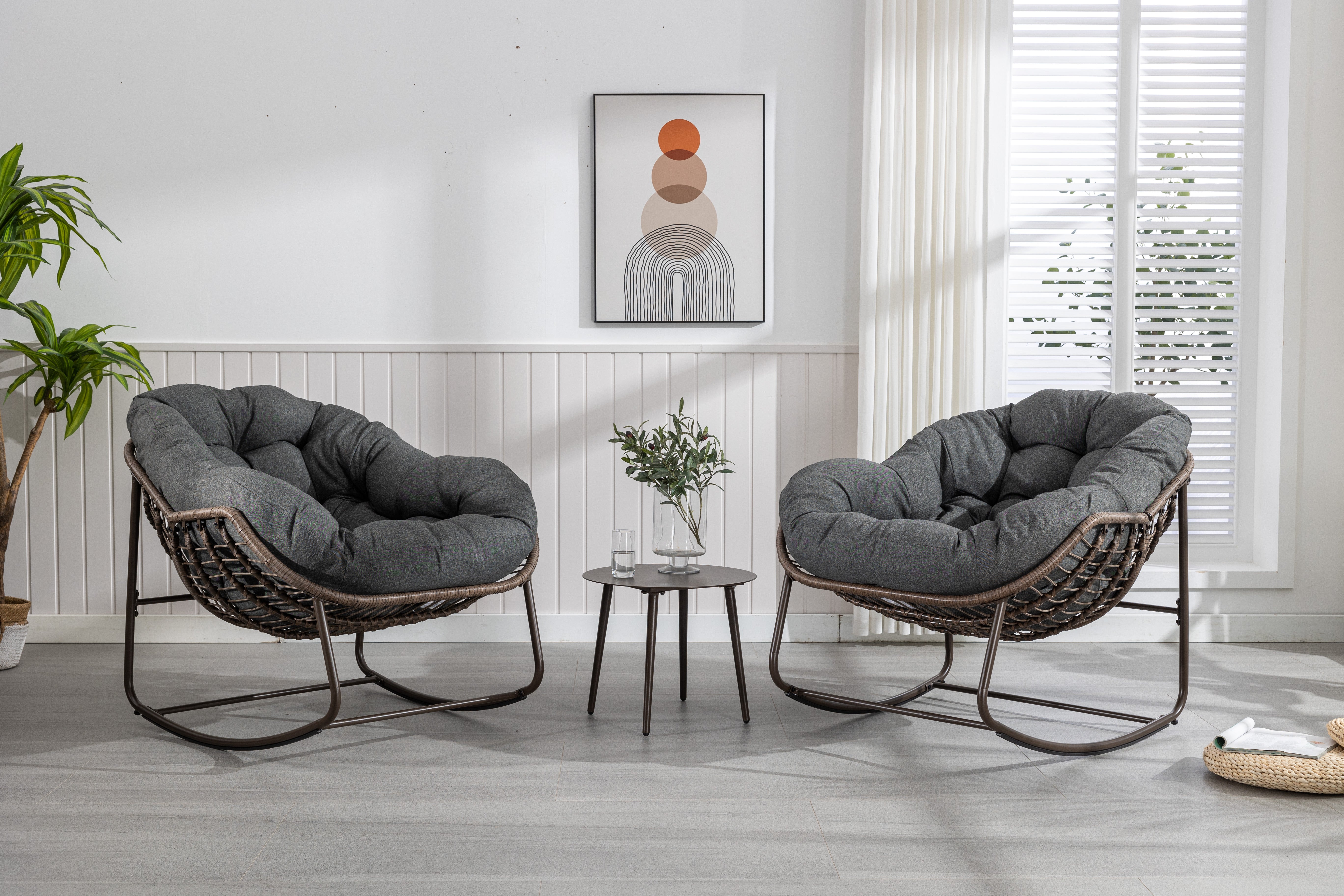 Outdoor Rocking Chair - Oversized Wicker Egg with Thick Cushion, Dark Gray