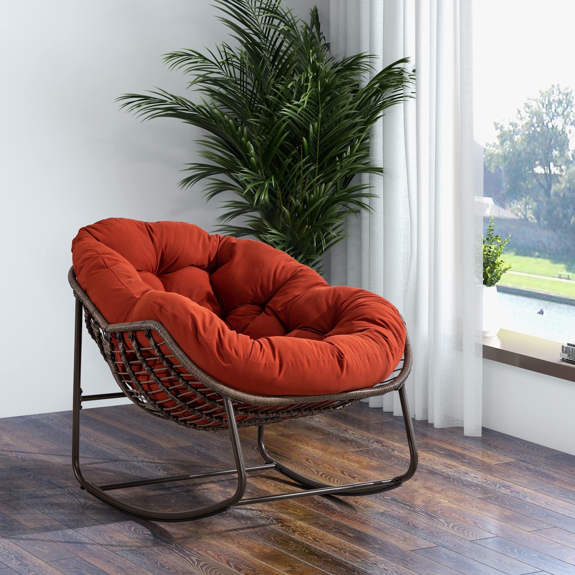 Outdoor Rattan Rocking Chair, Padded Cushion Recliner, Orange