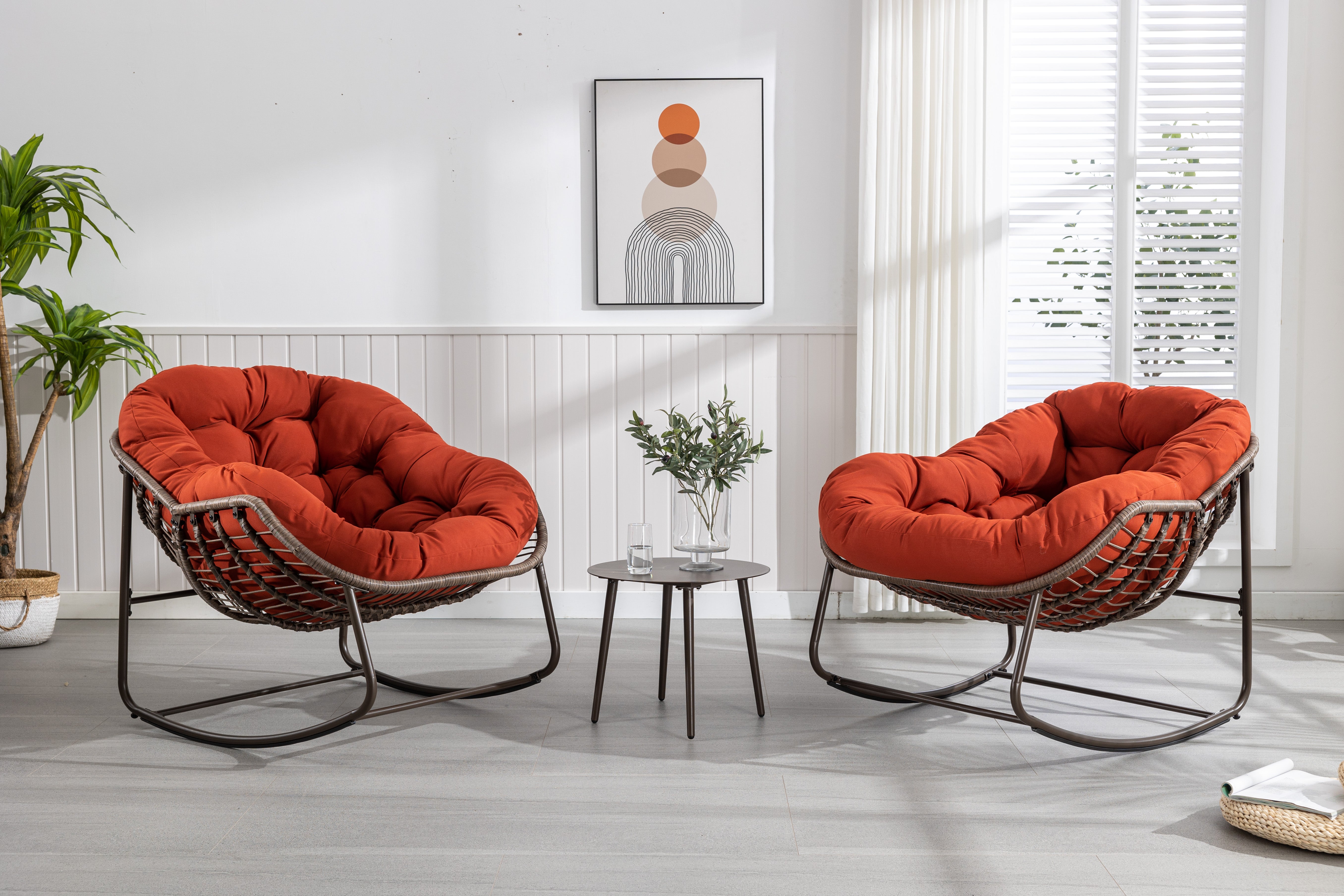 Outdoor Rattan Rocking Chair, Padded Cushion Recliner, Orange