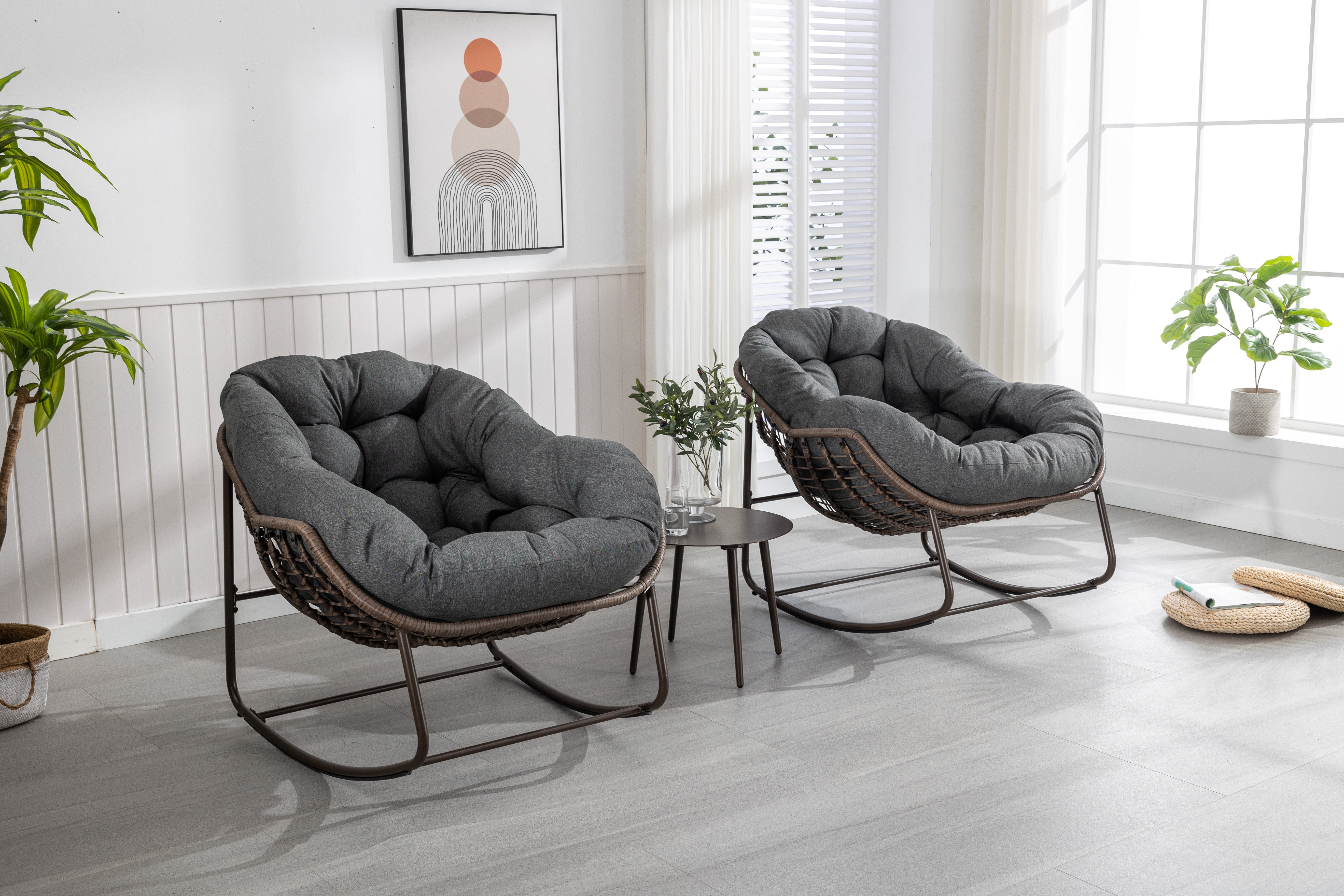 Outdoor Rocking Chair - Oversized Wicker Egg with Thick Cushion, Dark Gray