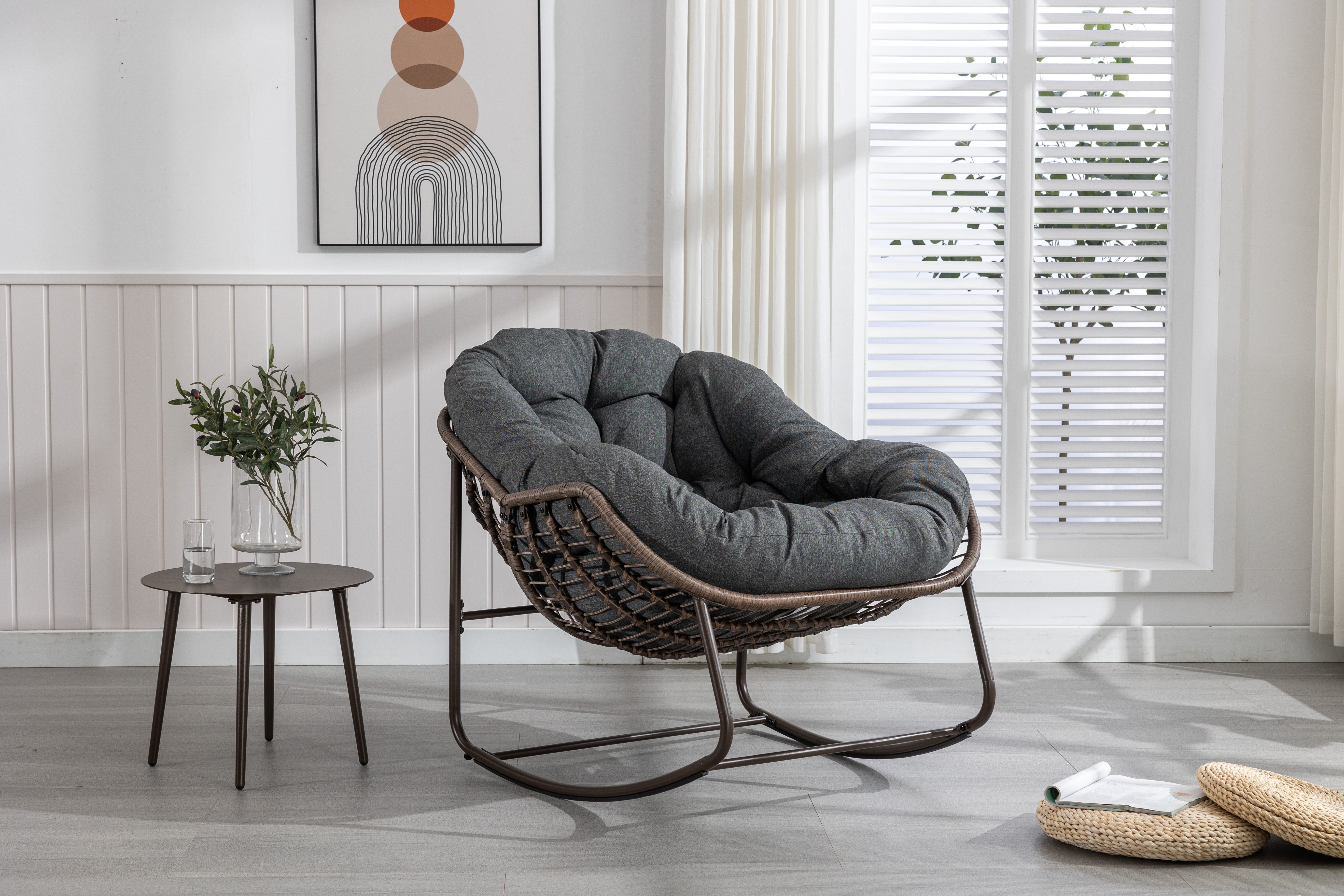 Outdoor Rocking Chair - Oversized Wicker Egg with Thick Cushion, Dark Gray