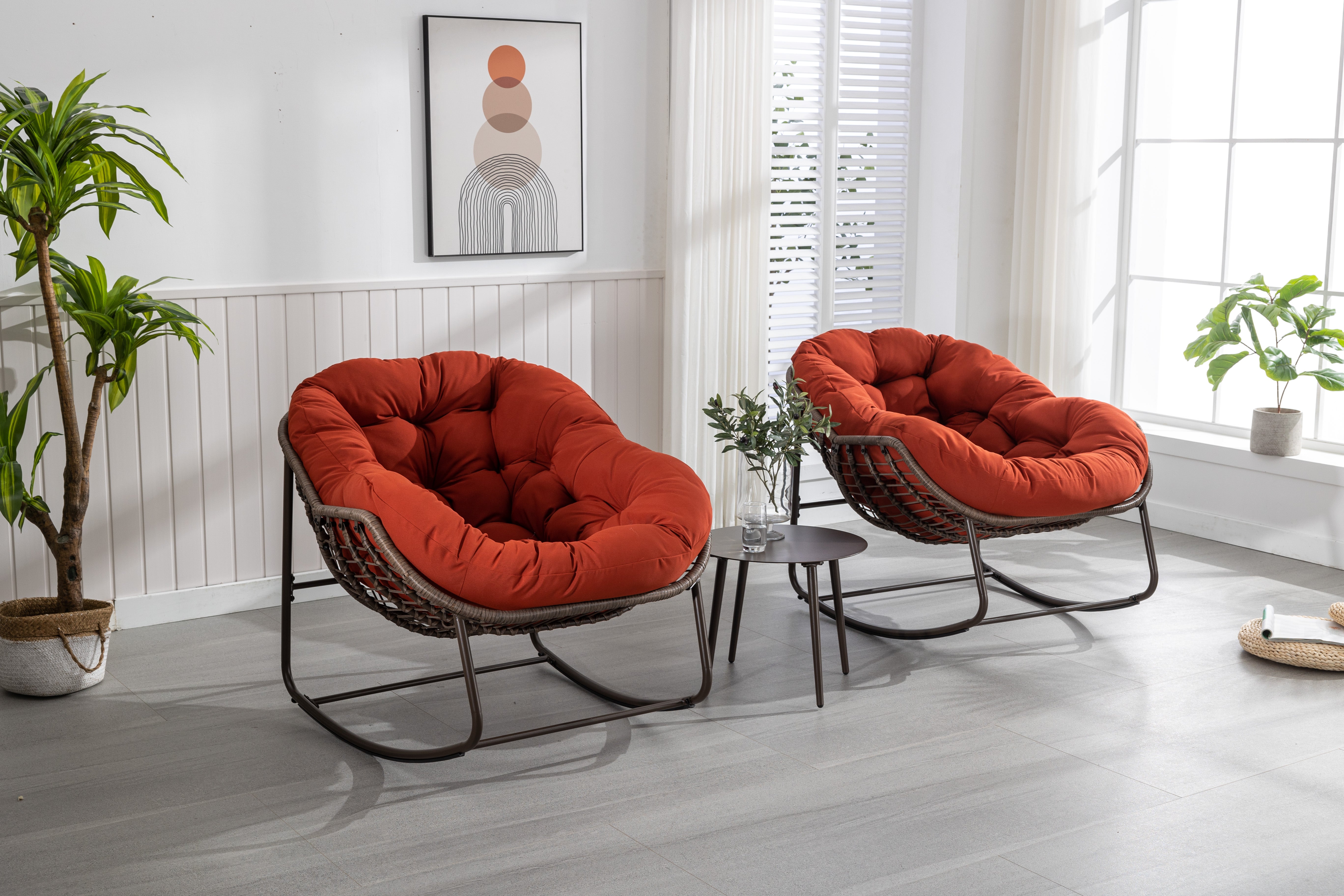 Outdoor Rattan Rocking Chair, Padded Cushion Recliner, Orange