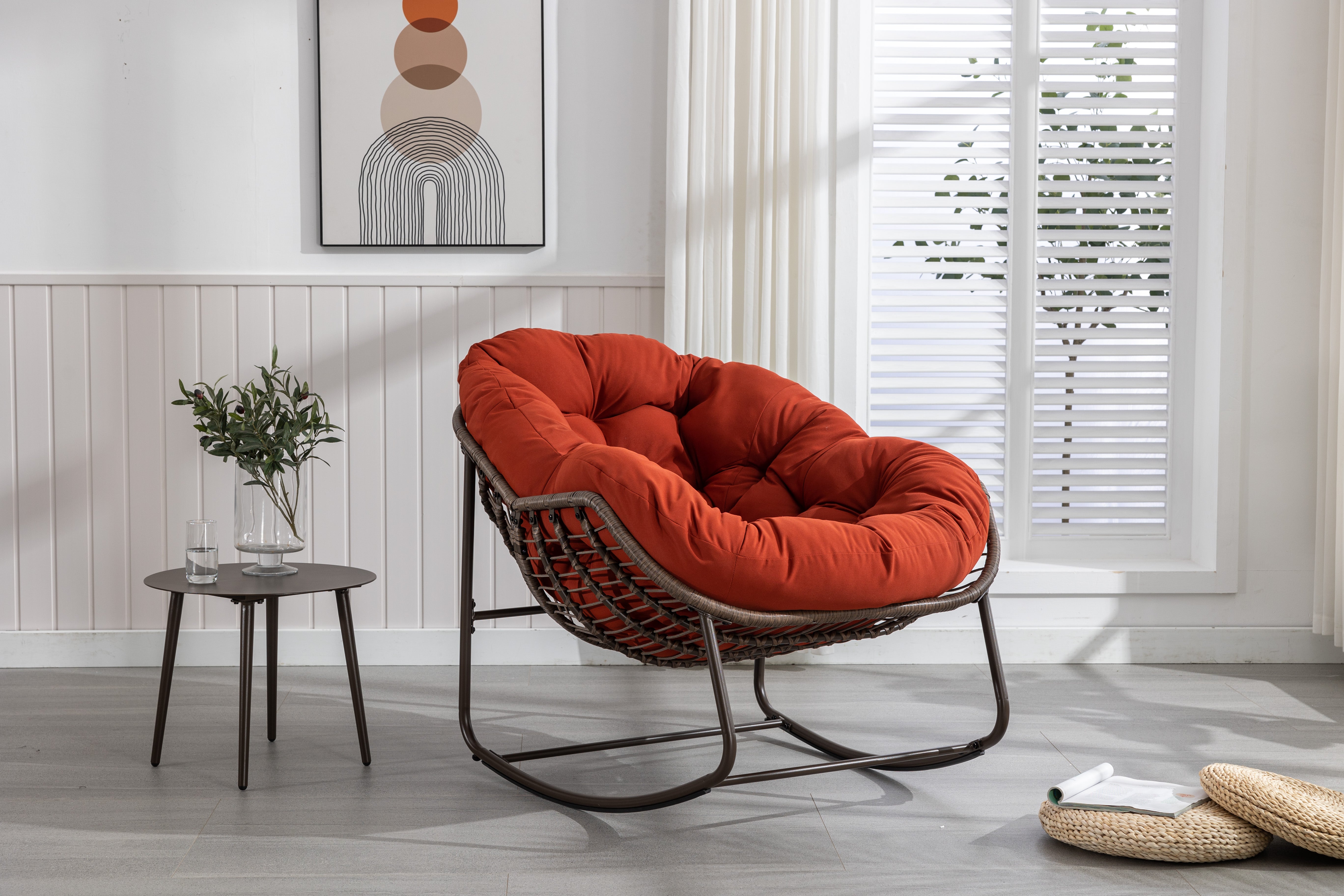 Outdoor Rattan Rocking Chair, Padded Cushion Recliner, Orange