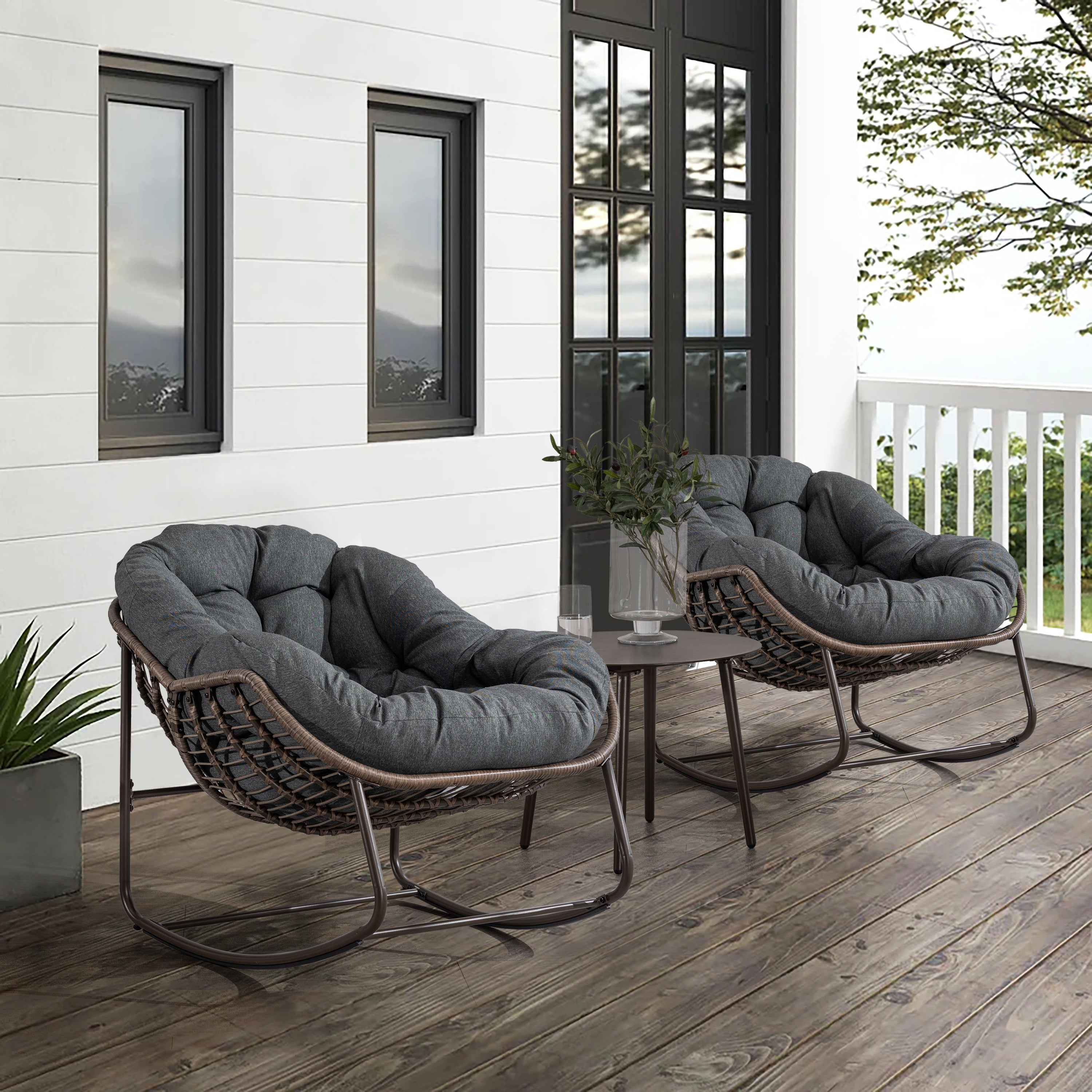 Outdoor Rocking Chair - Oversized Wicker Egg with Thick Cushion, Dark Gray
