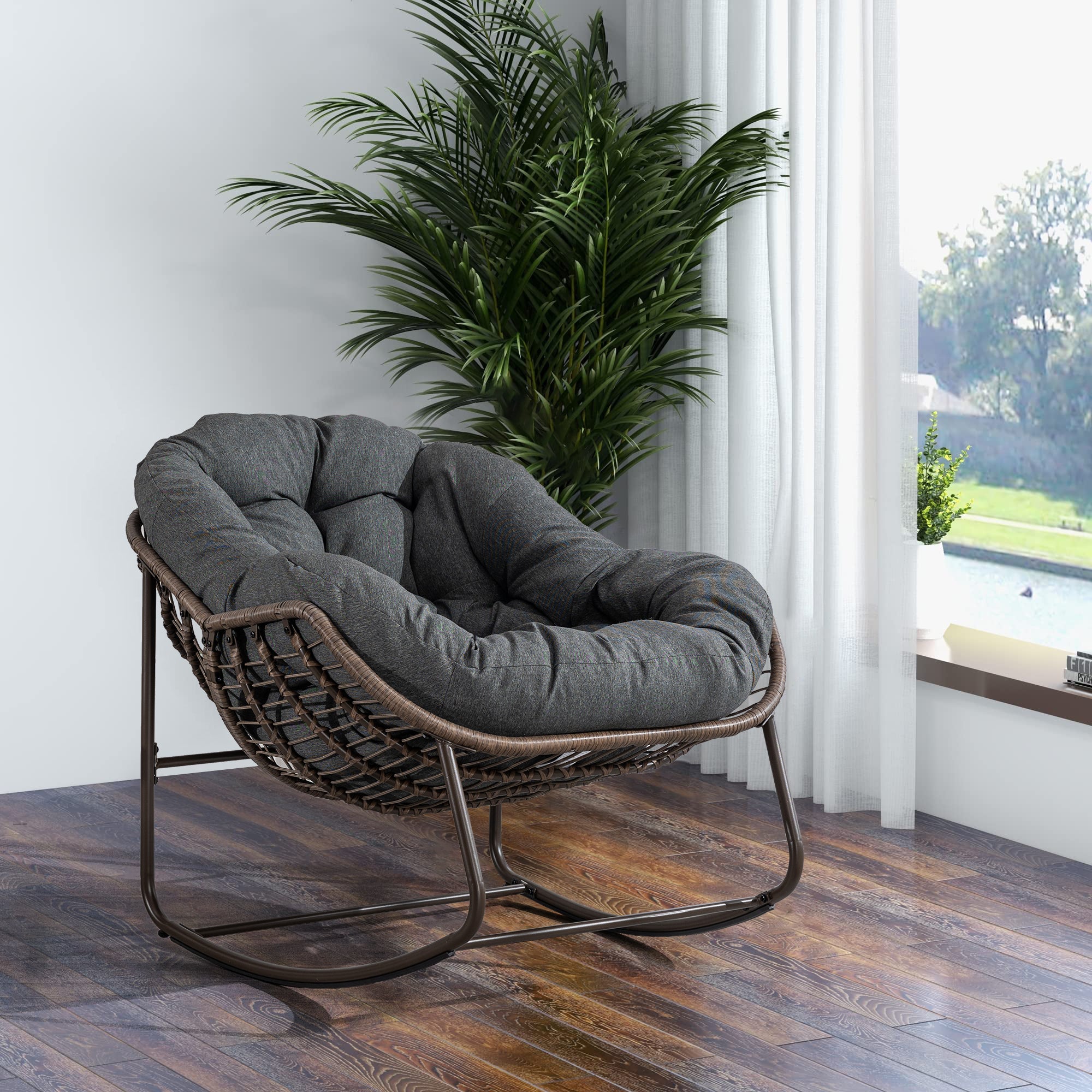 Outdoor Rocking Chair - Oversized Wicker Egg with Thick Cushion, Dark Gray
