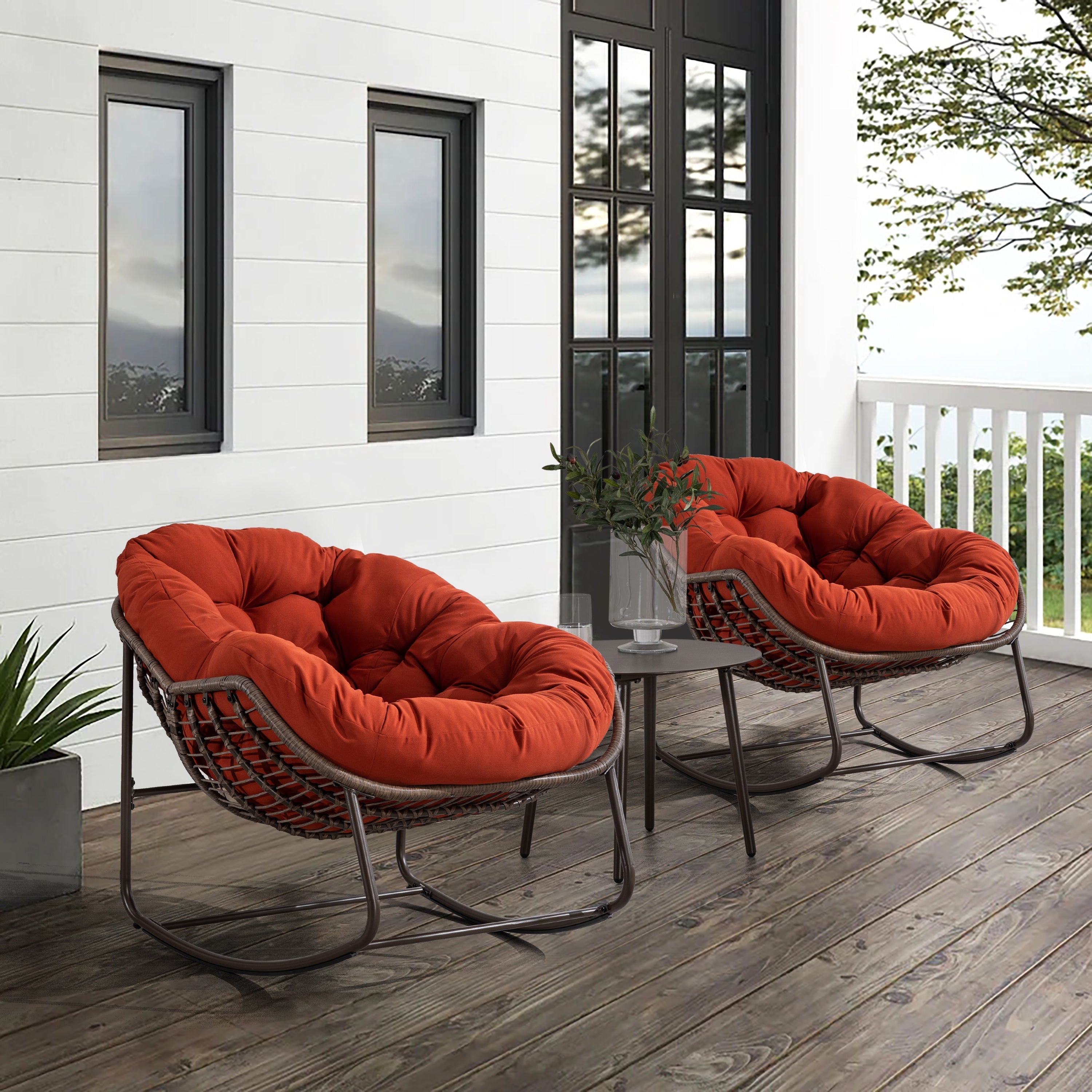 Outdoor Rattan Rocking Chair, Padded Cushion Recliner, Orange