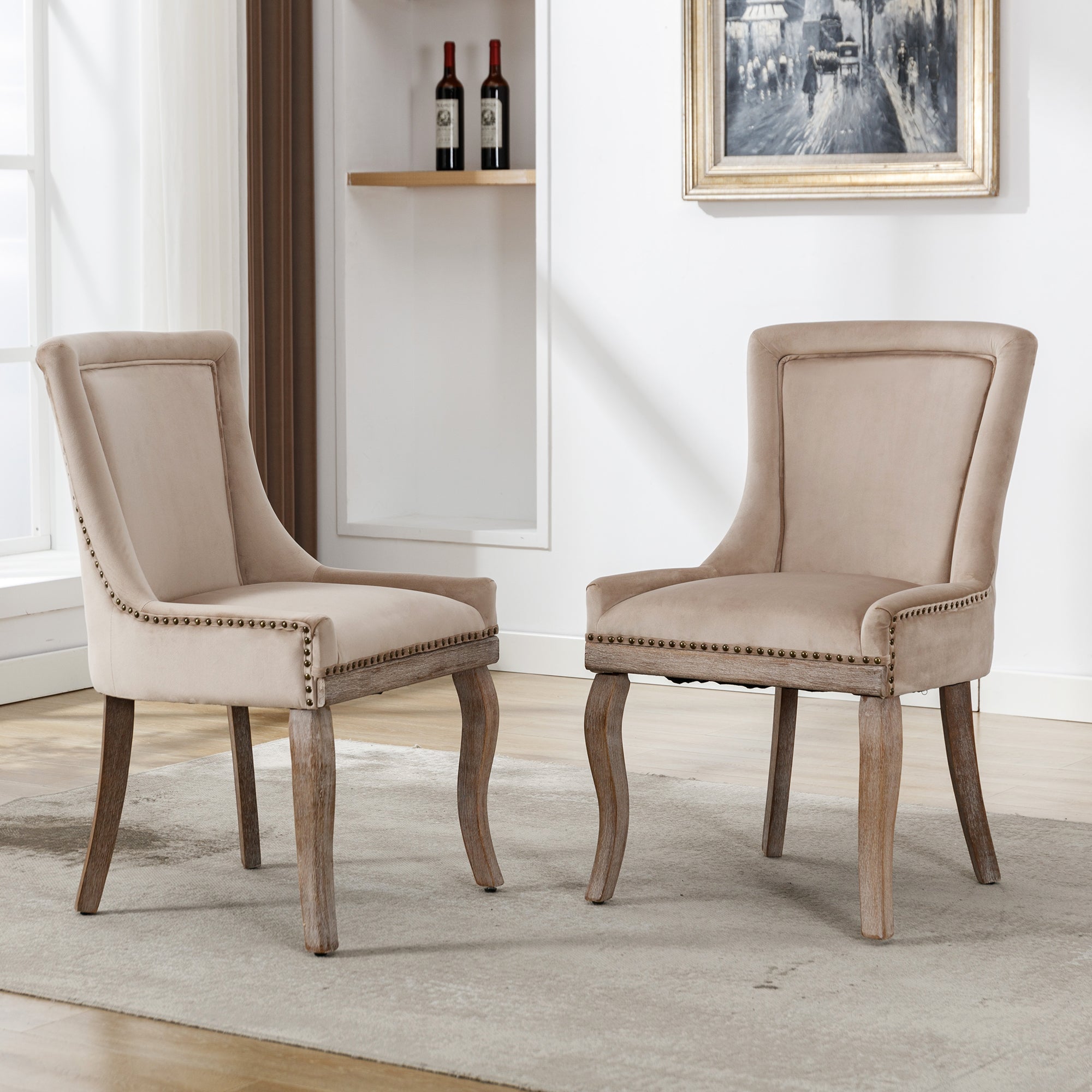 Luxurious Dining Chair Set of 2 Upholstered Nailhead Trim Solid Wood Legs Beige Velvet